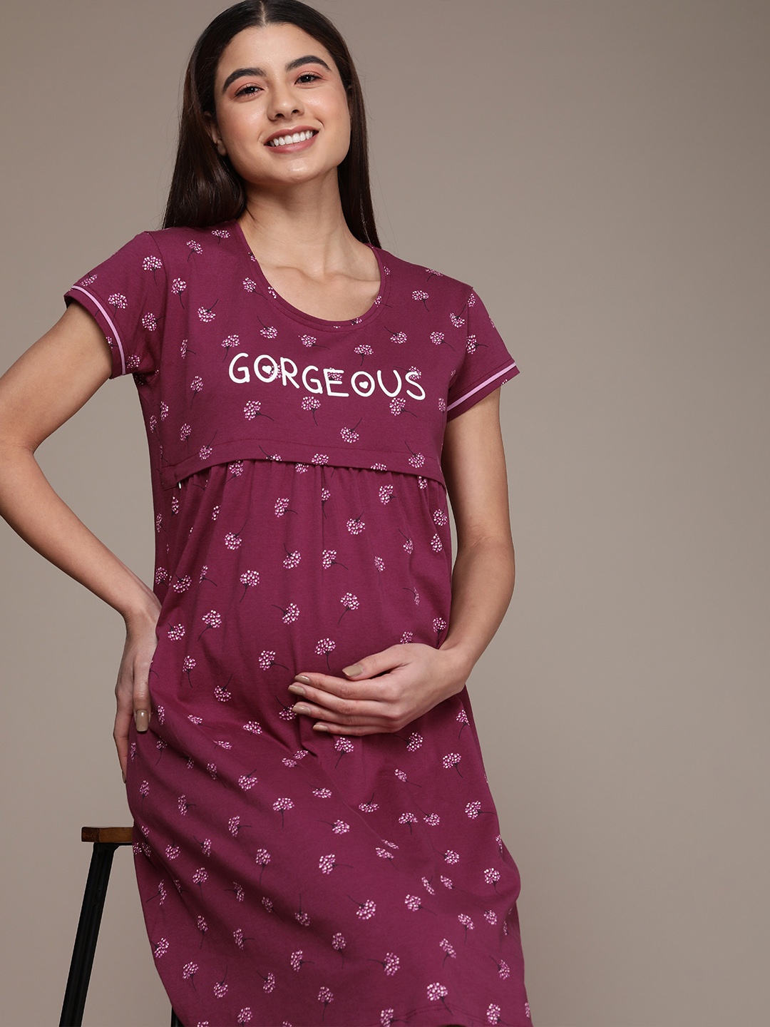 

beebelle Burgundy Floral Printed Maternity & Feeding Pure Cotton Nightdress