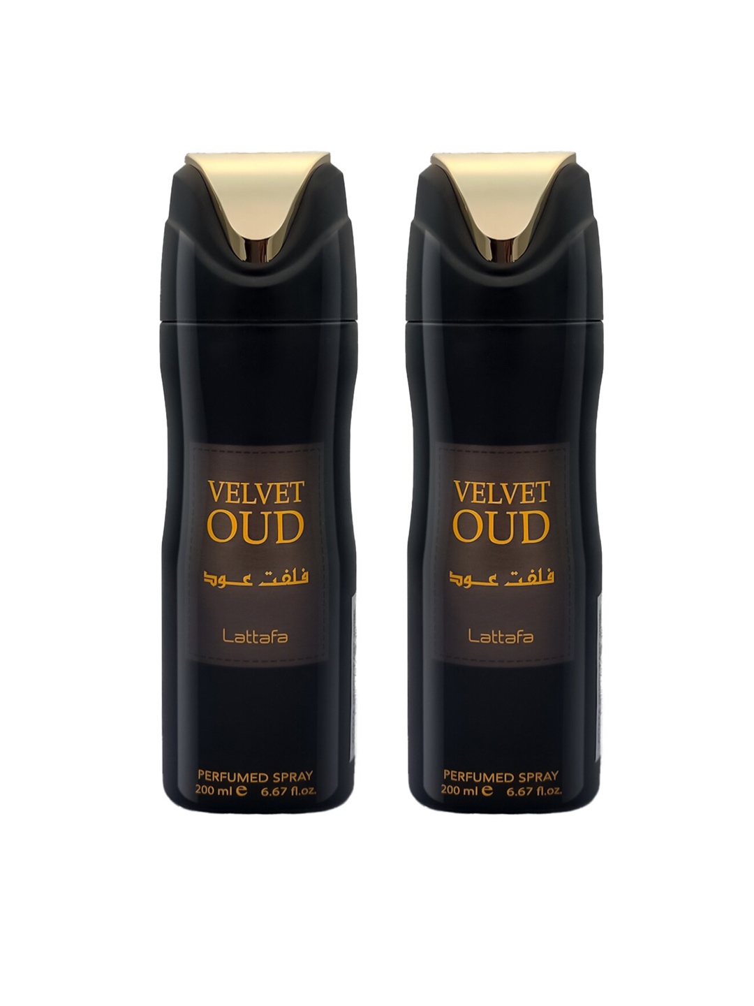 

Lattafa Men Set of 2 Velvet Oud Deodorant Perfumed Body Sprays 200 ml x 2', Black