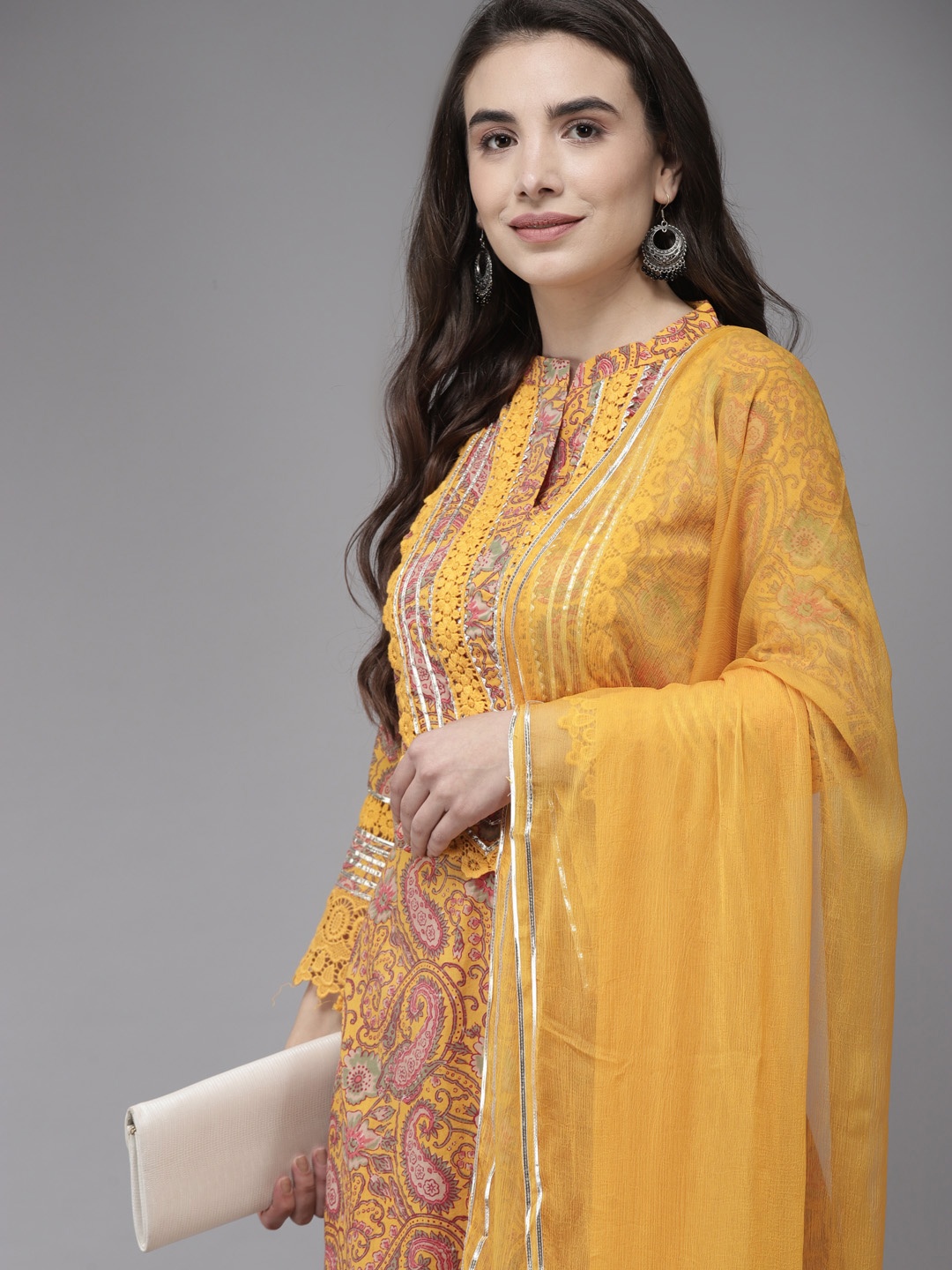 

Ishin Women Mustard Yellow Floral Embroidered Gotta Patti Kurta with Trousers & With Dupatta
