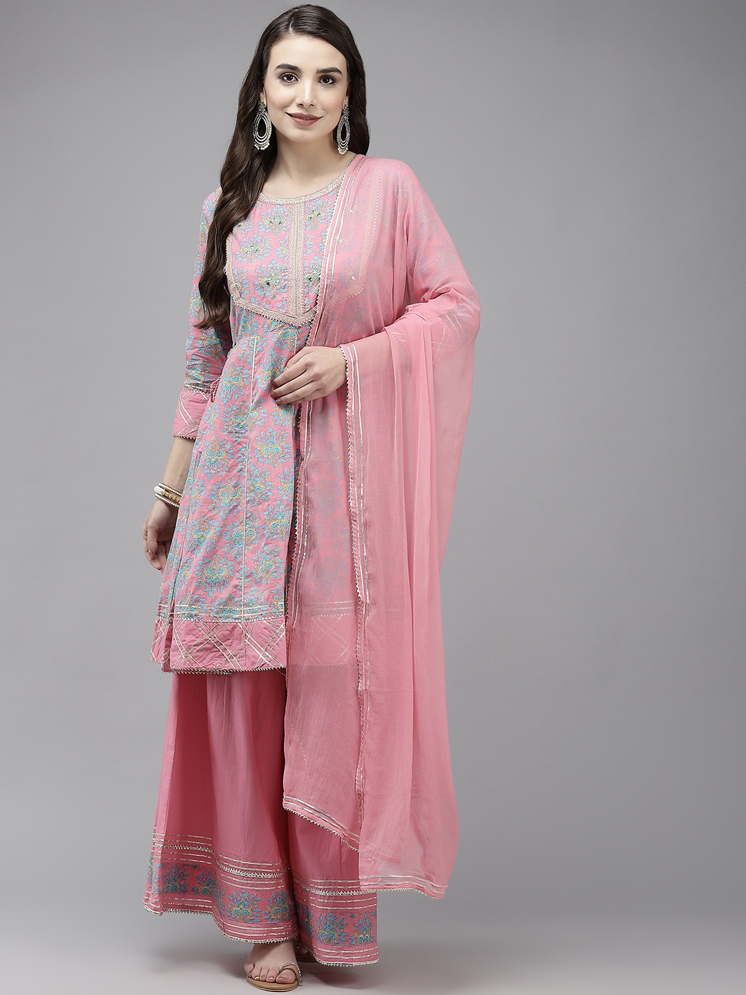 

Ishin Women Pink Floral Printed Gotta Patti Kurta with Sharara & Dupatta
