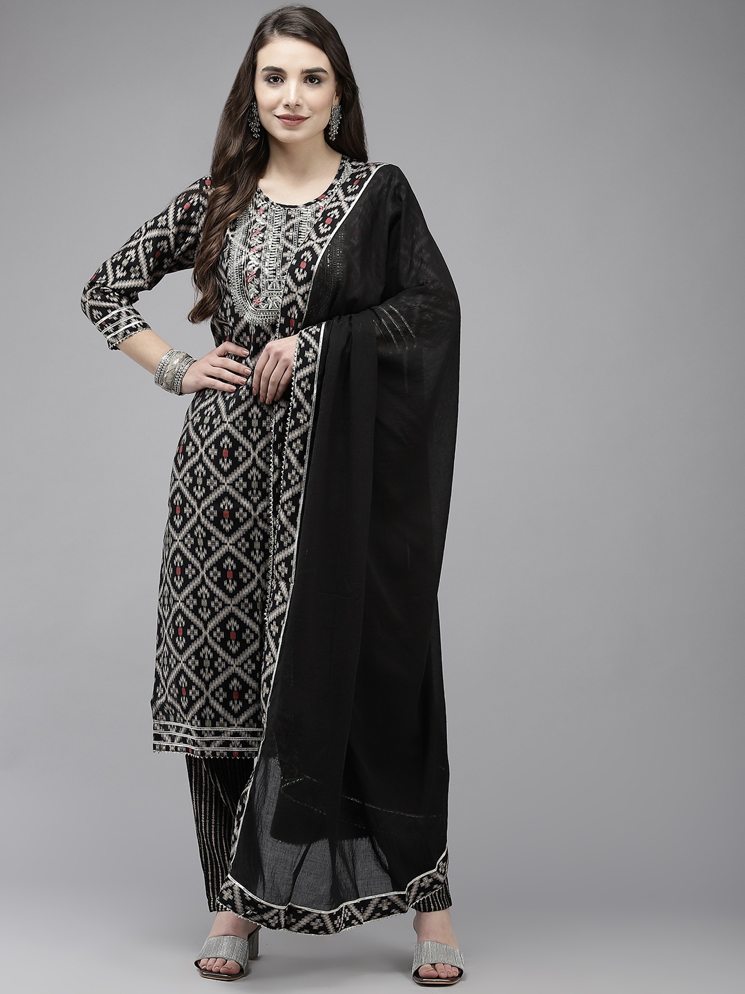 

Ishin Women Black Ethnic Motifs Printed Sequinned Kurta with Trousers & Dupatta