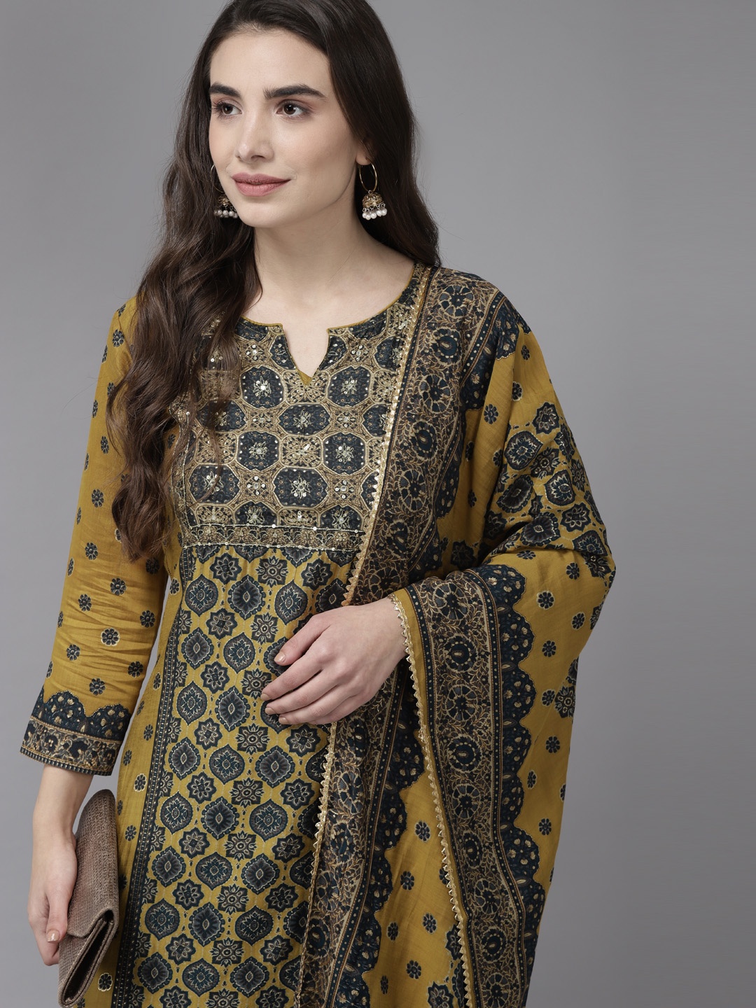 

Ishin Women Mustard Yellow Floral Embroidered Kurta with Trousers & With Dupatta