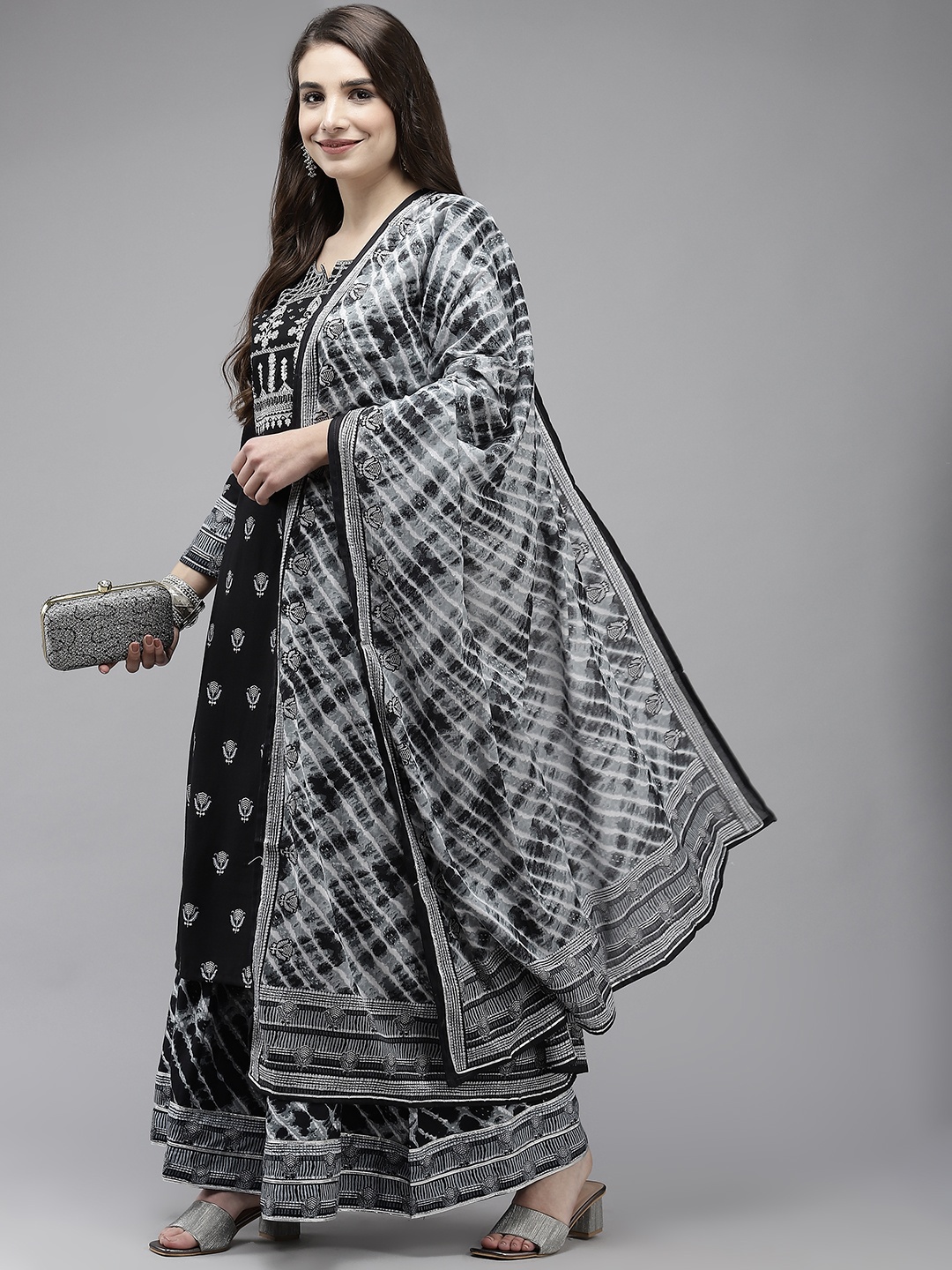 

Ishin Women Black Ethnic Motifs Printed Pure Cotton Kurta with Sharara & Dupatta