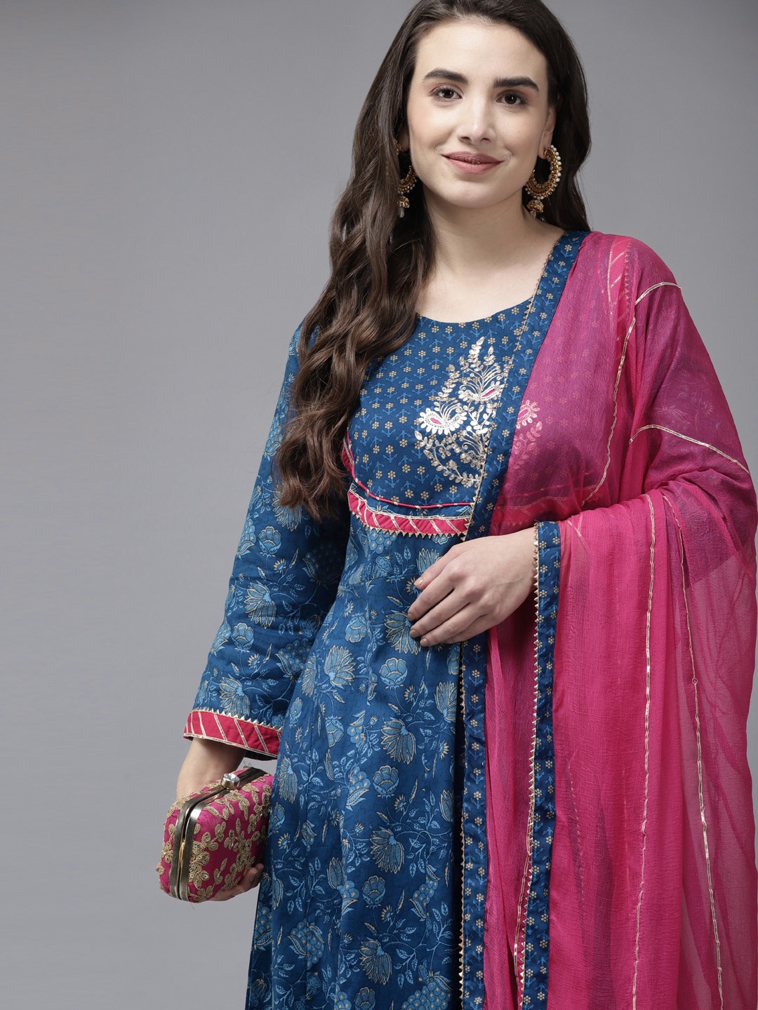 

Ishin Women Blue Floral Embroidered Gotta Patti Kurta with Trousers & With Dupatta