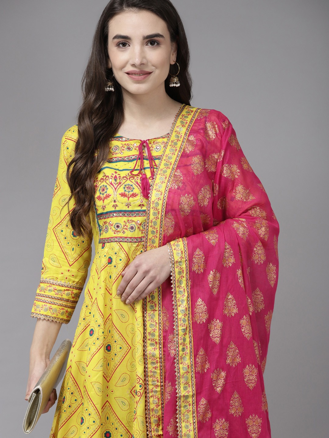 

Ishin Women Yellow Floral Embroidered Beads and Stones Kurta with Trousers & With Dupatta