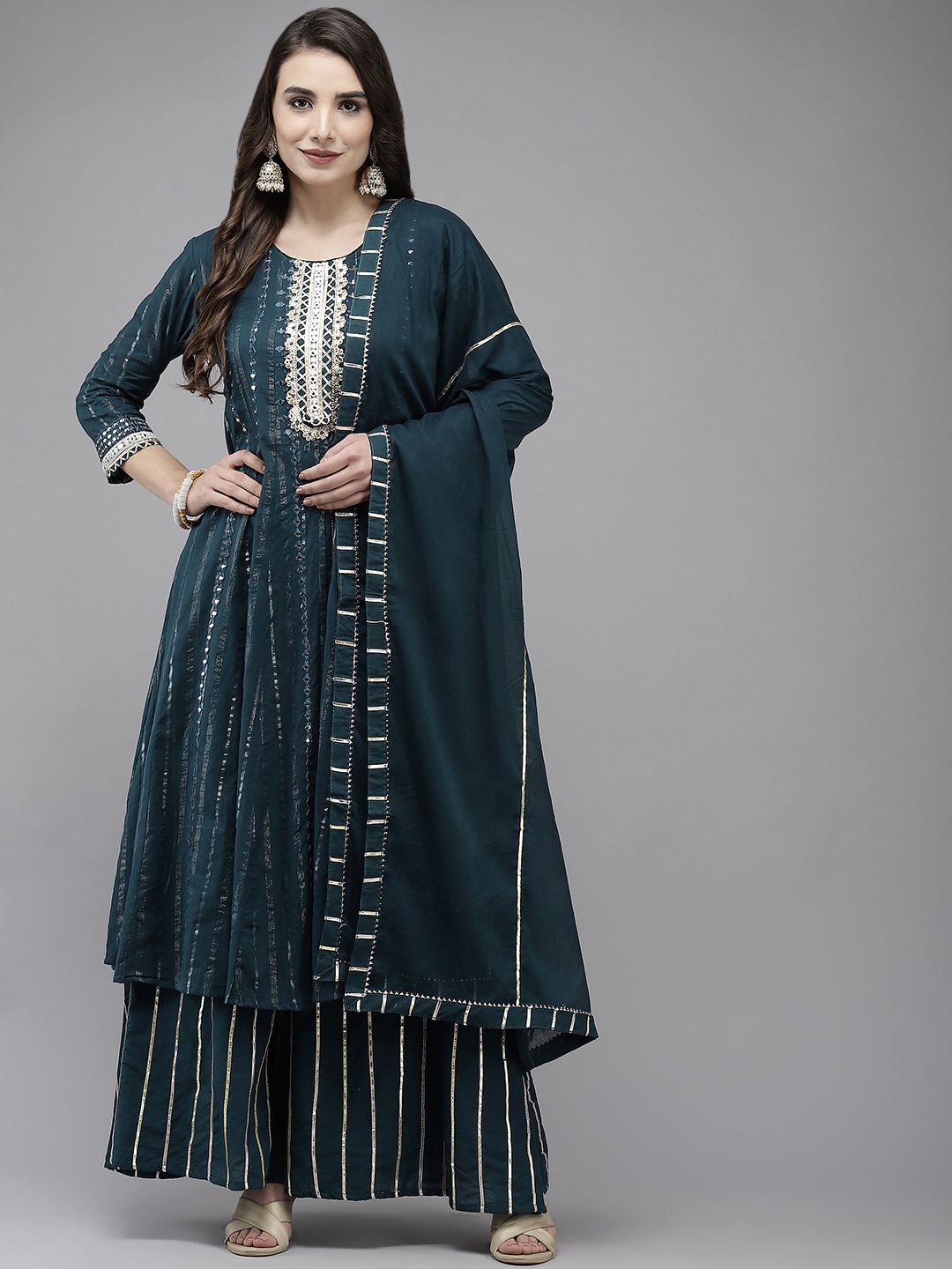 

Ishin Women Teal Blue Embroidered Mirror Work Kurta with Sharara & Dupatta