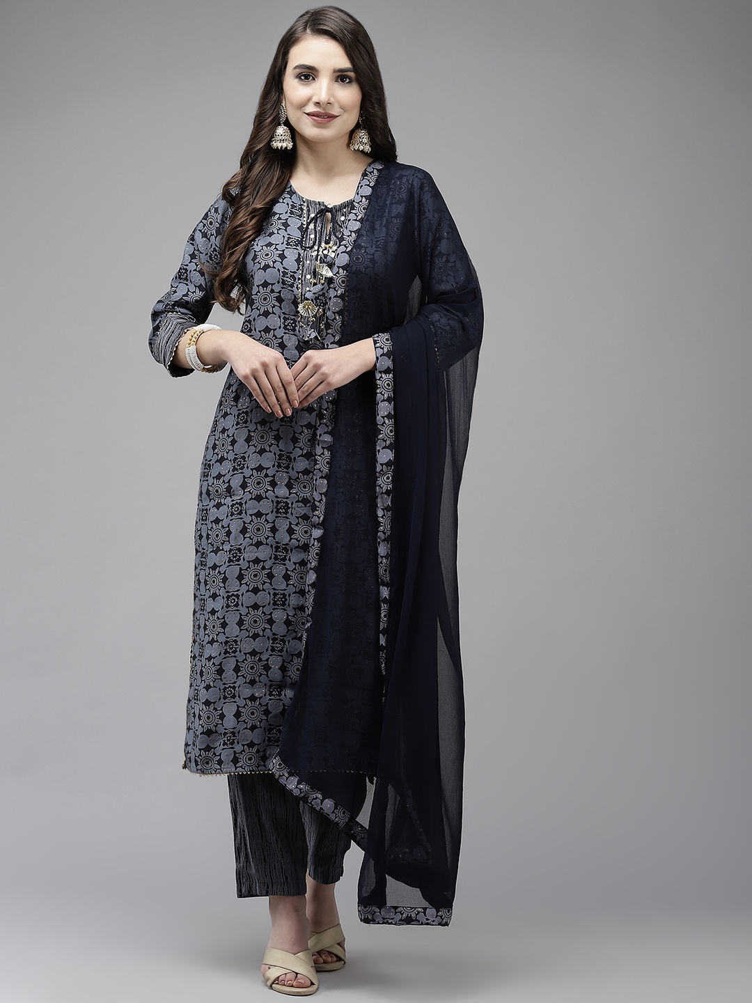 

Ishin Women Navy Blue Ethnic Motifs Printed Gotta Patti Kurta with Trousers & Dupatta