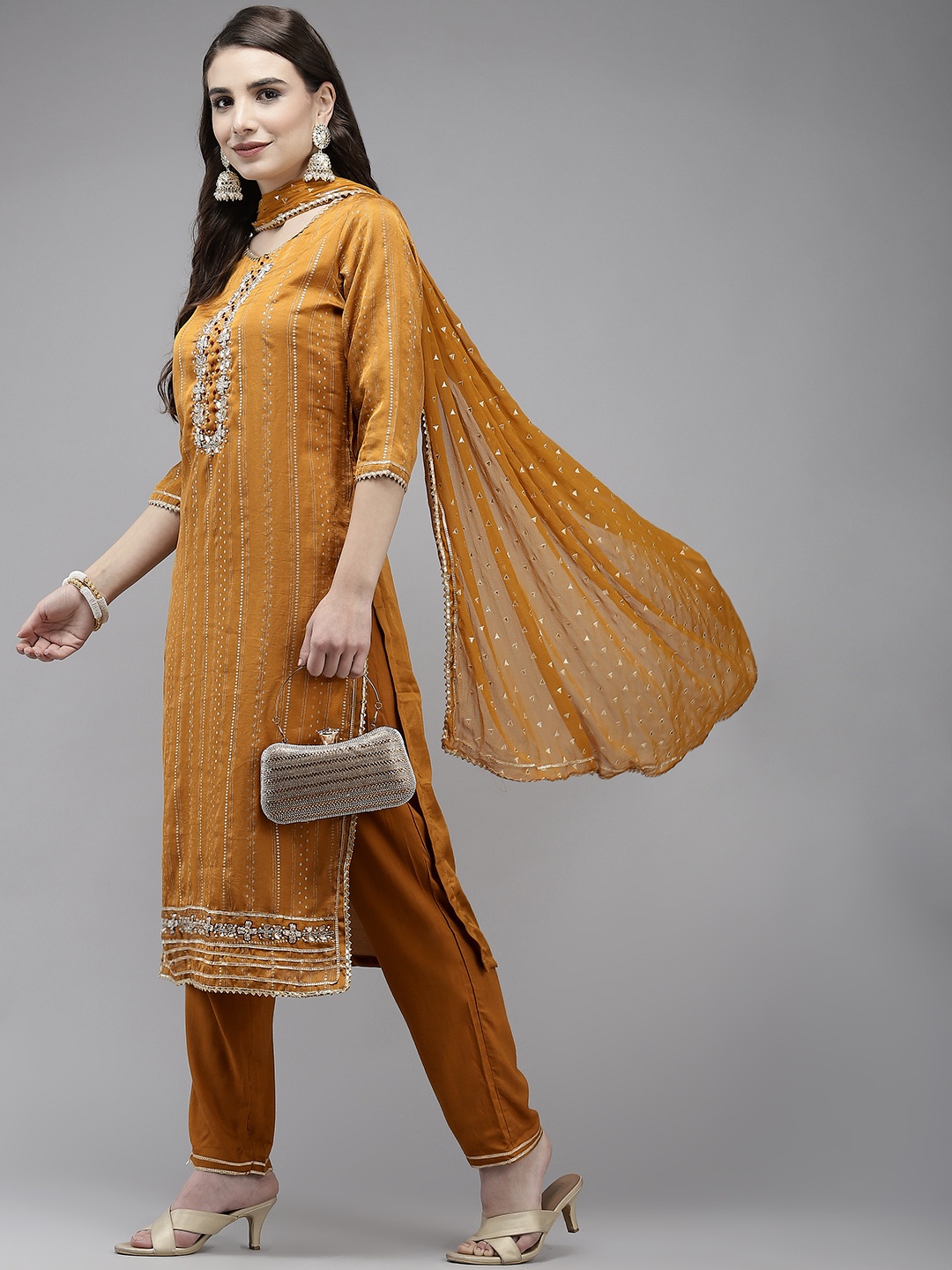 

Ishin Women Mustard Yellow Ethnic Motifs Printed Zardozi Kurta with Trousers & Dupatta