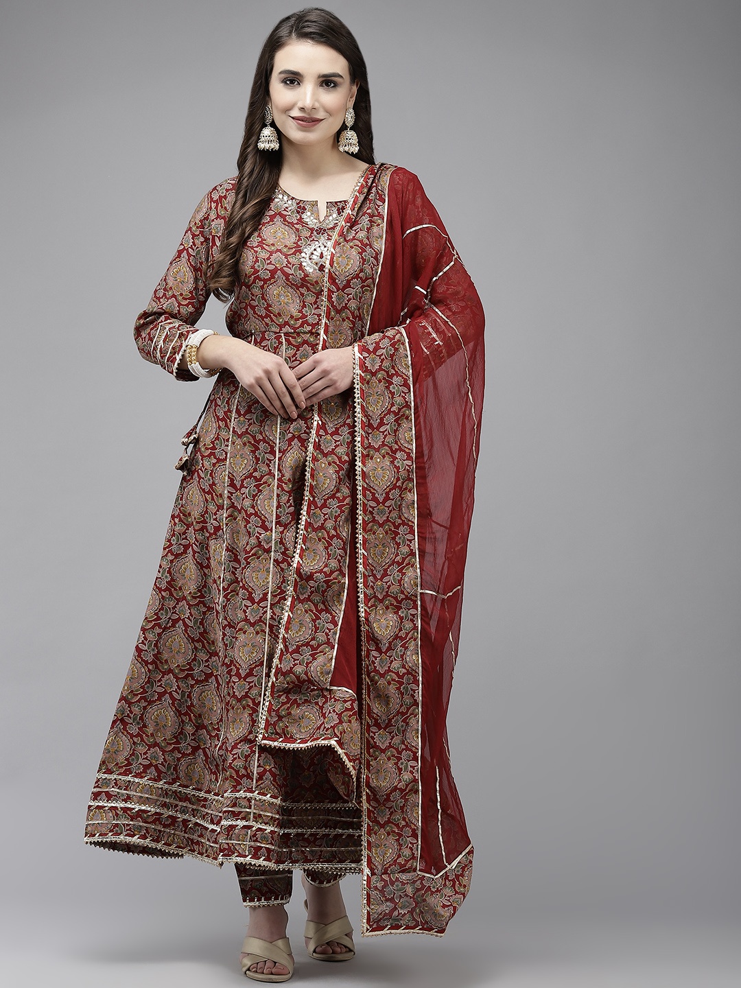 

Ishin Women Maroon Ethnic Motifs Printed Gotta Patti Kurta with Trousers & Dupatta