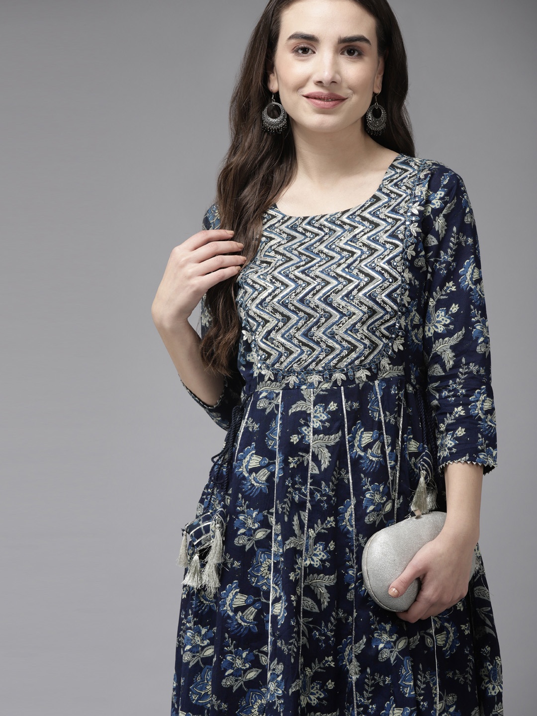 

Ishin Women Navy Blue Embroidered Kurta with Trousers