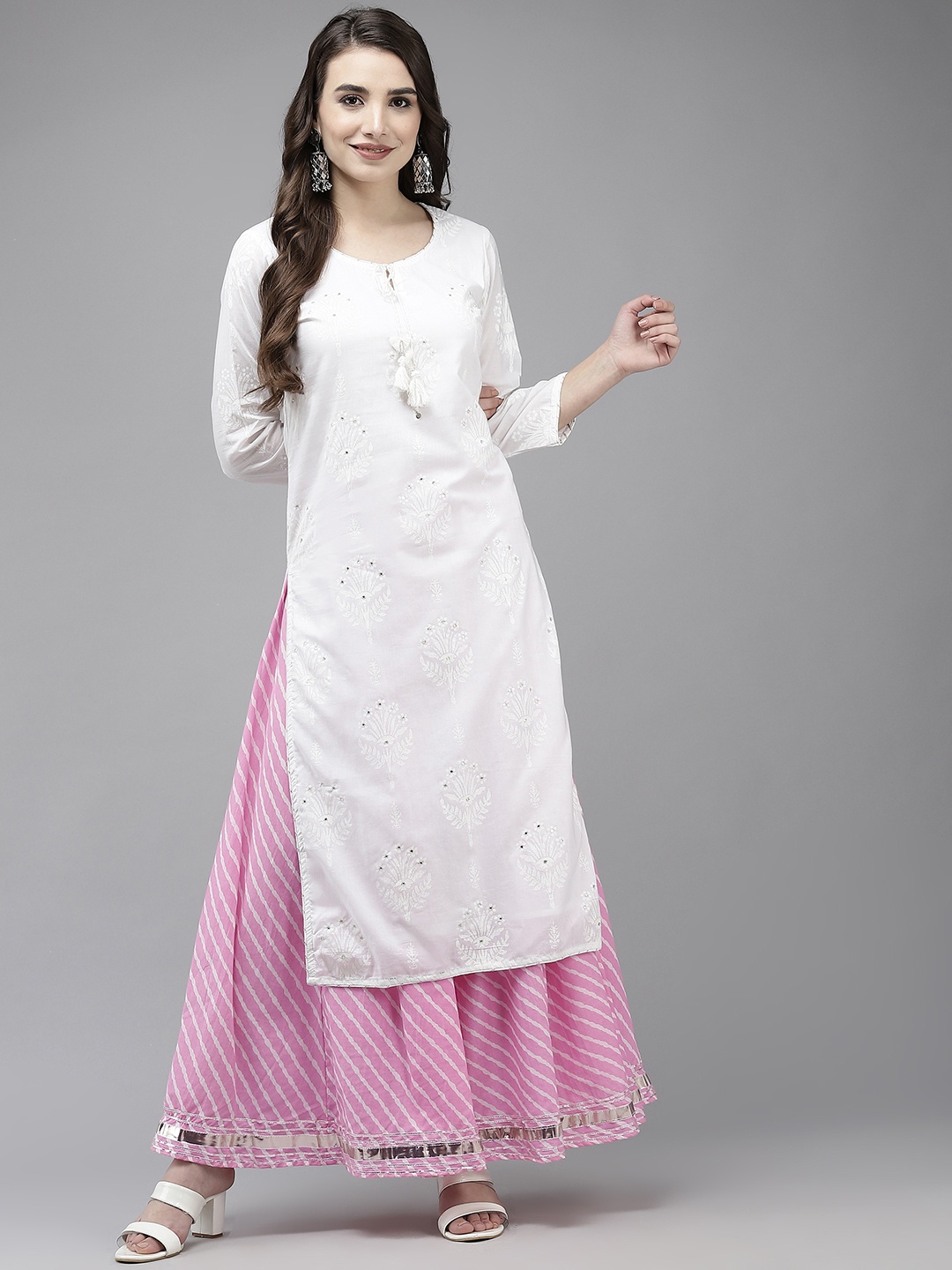 

Ishin Women White Ethnic Motifs Embroidered Mirror Work Pure Cotton Kurta with Sharara