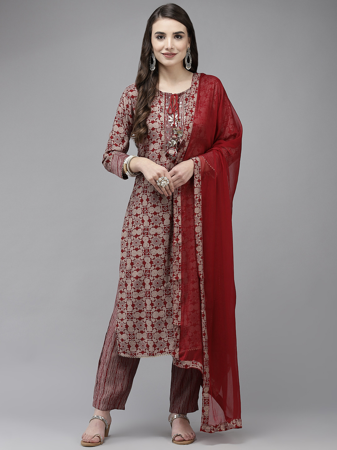 

Ishin Women Maroon Ethnic Motifs Printed Gotta Patti Kurta with Trousers & Dupatta