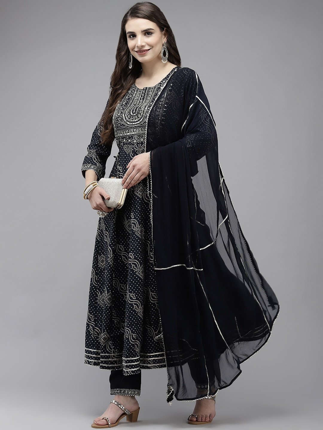 

Ishin Women Navy Blue Bandhani Printed Sequinned Kurta with Trousers & Dupatta