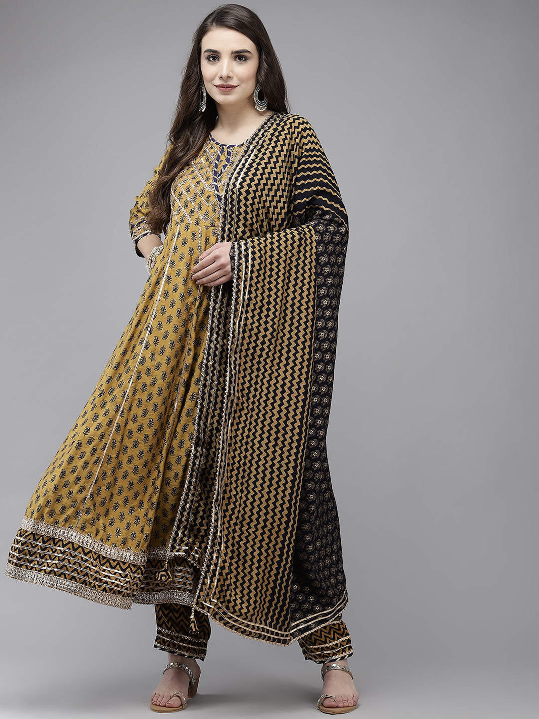 

Ishin Women Mustard Yellow Ethnic Motifs Printed Gotta Patti Kurta with Trousers & Dupatta