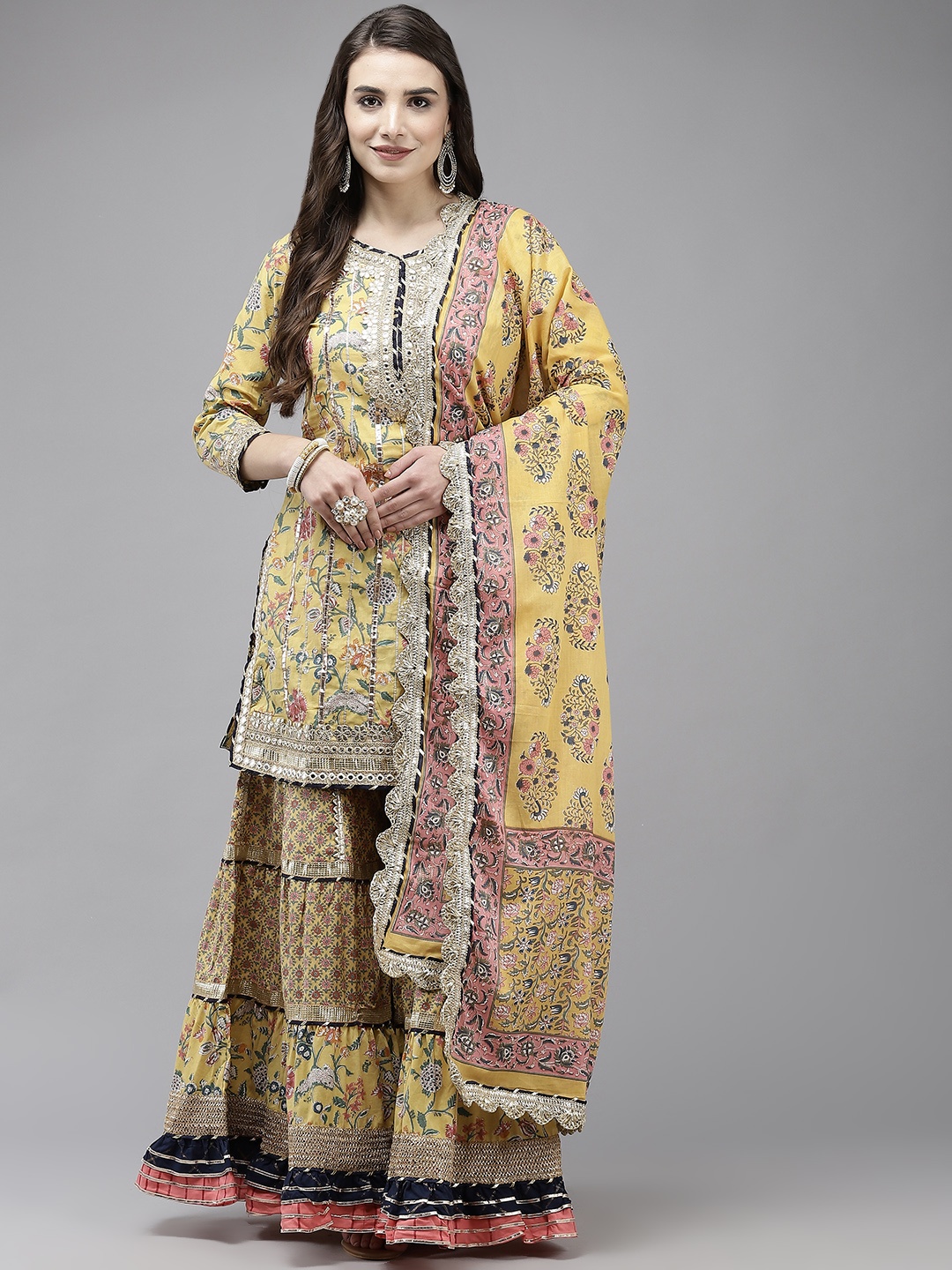 

Ishin Women Yellow Ethnic Motifs Printed Gotta Patti Kurta with Sharara & Dupatta