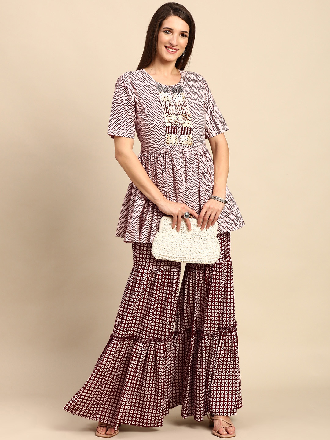 

Shaily Women White & Maroon Printed Pure Cotton Kurti with Sharara