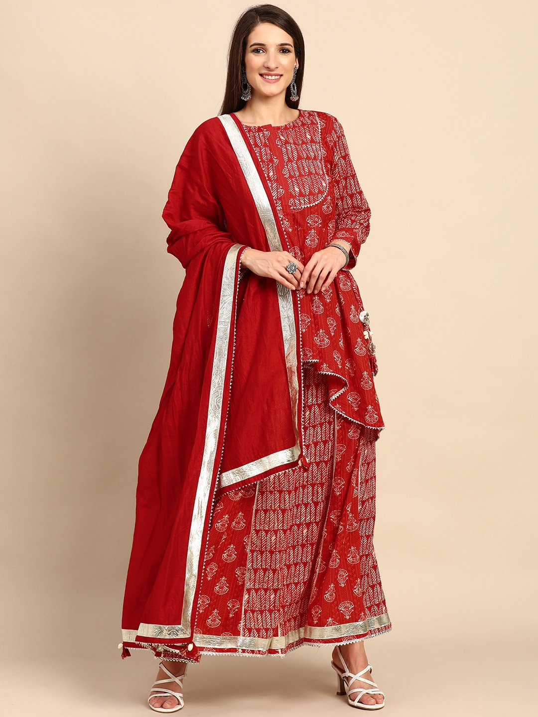 

Shaily Women Red & White Printed Gotta Patti Pure Cotton Kurta with Palazzos & Dupatta