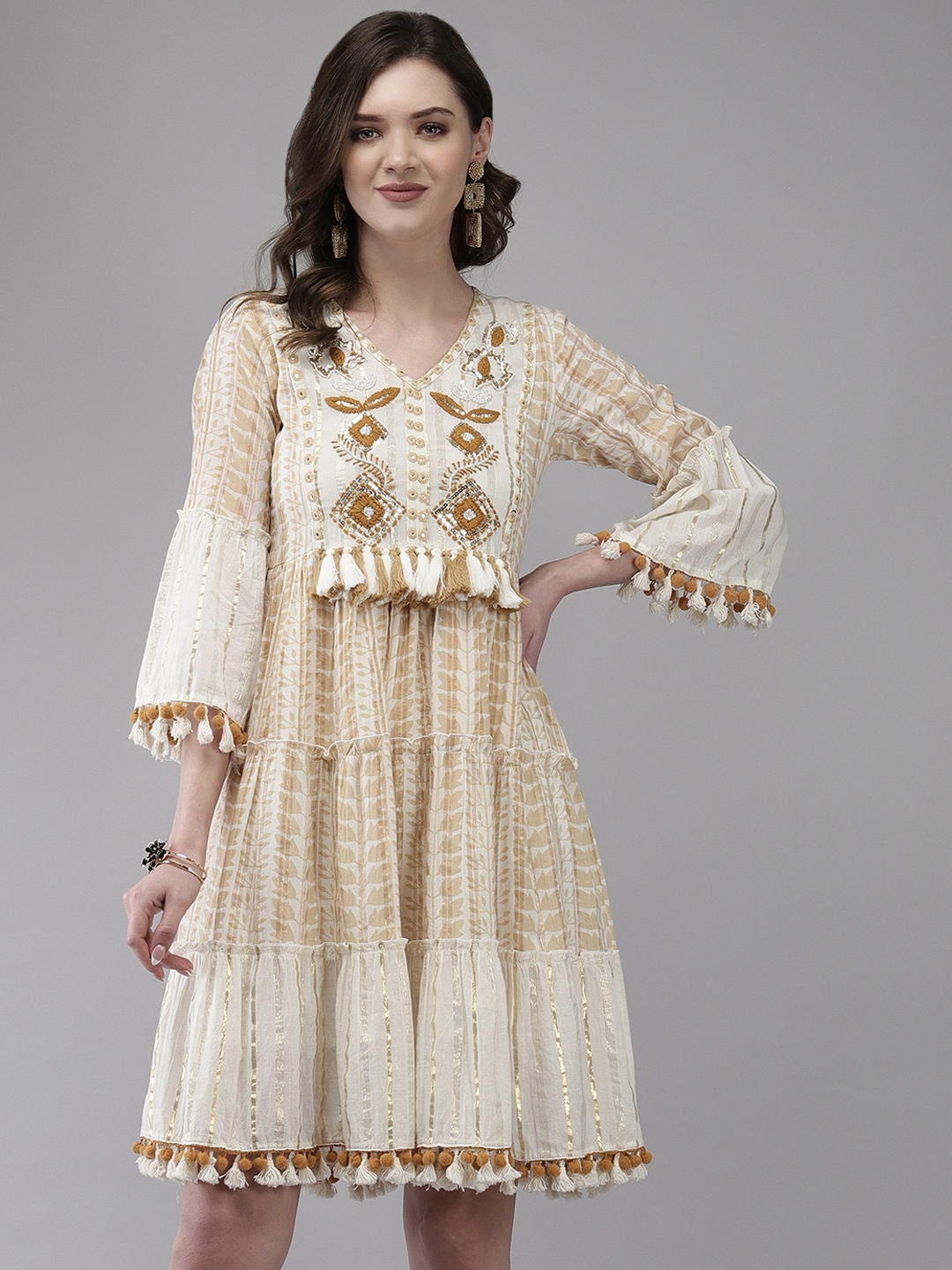 

Ishin Off White Floral Embroidered A-Line Dress