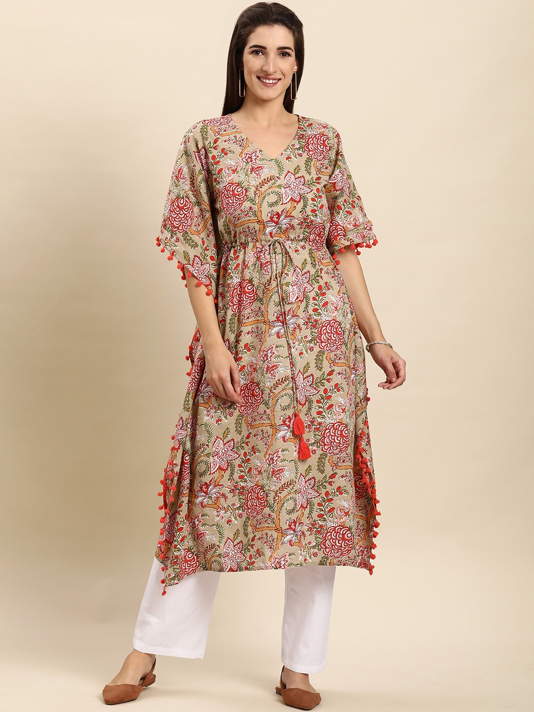

Janasya Women Beige & Pink Floral Printed Floral Kaftan Kurta