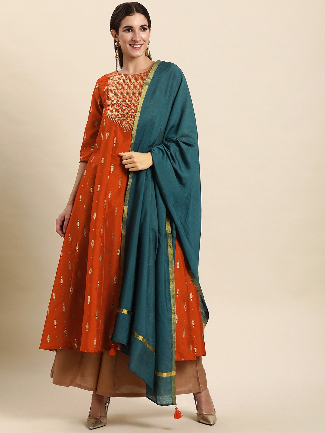 

Janasya Women Orange Poly Silk Kurta With Dupatta