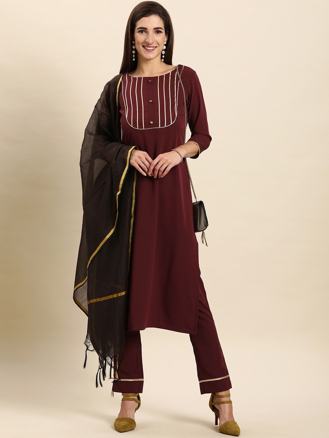 

Janasya Women Maroon Gotta Patti Kurta with Trousers & With Dupatta