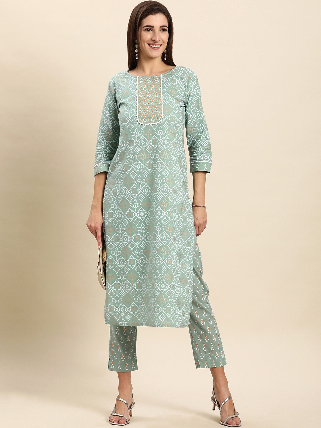 

Janasya Women Green Ethnic Motifs Printed Pure Cotton Kurta with Palazzos