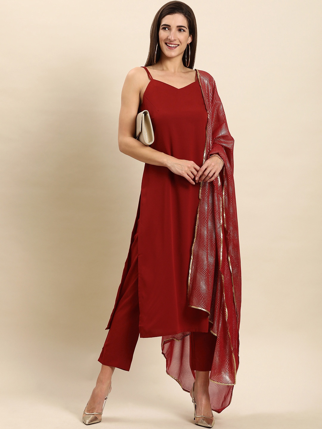 

Janasya Women Maroon Kurta with Trousers & With Dupatta