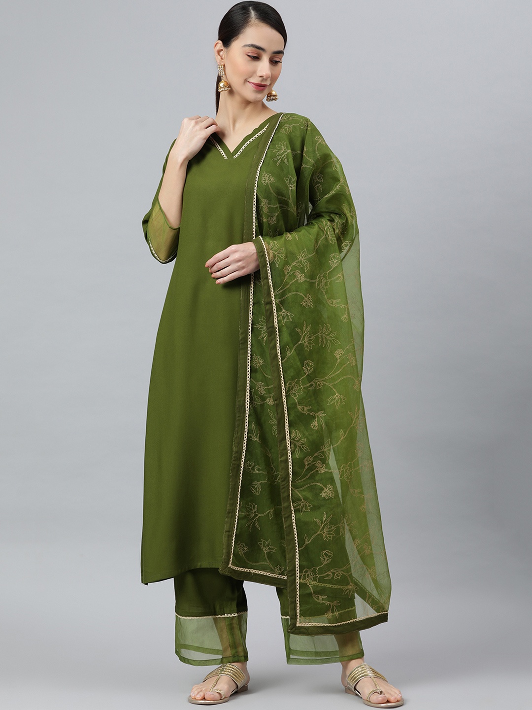 

Janasya Women Olive Green Kurta with Palazzos & Dupatta
