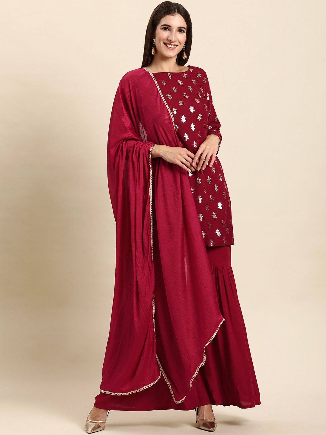 

Janasya Women Maroon Floral Printed Kurti with Sharara & With Dupatta
