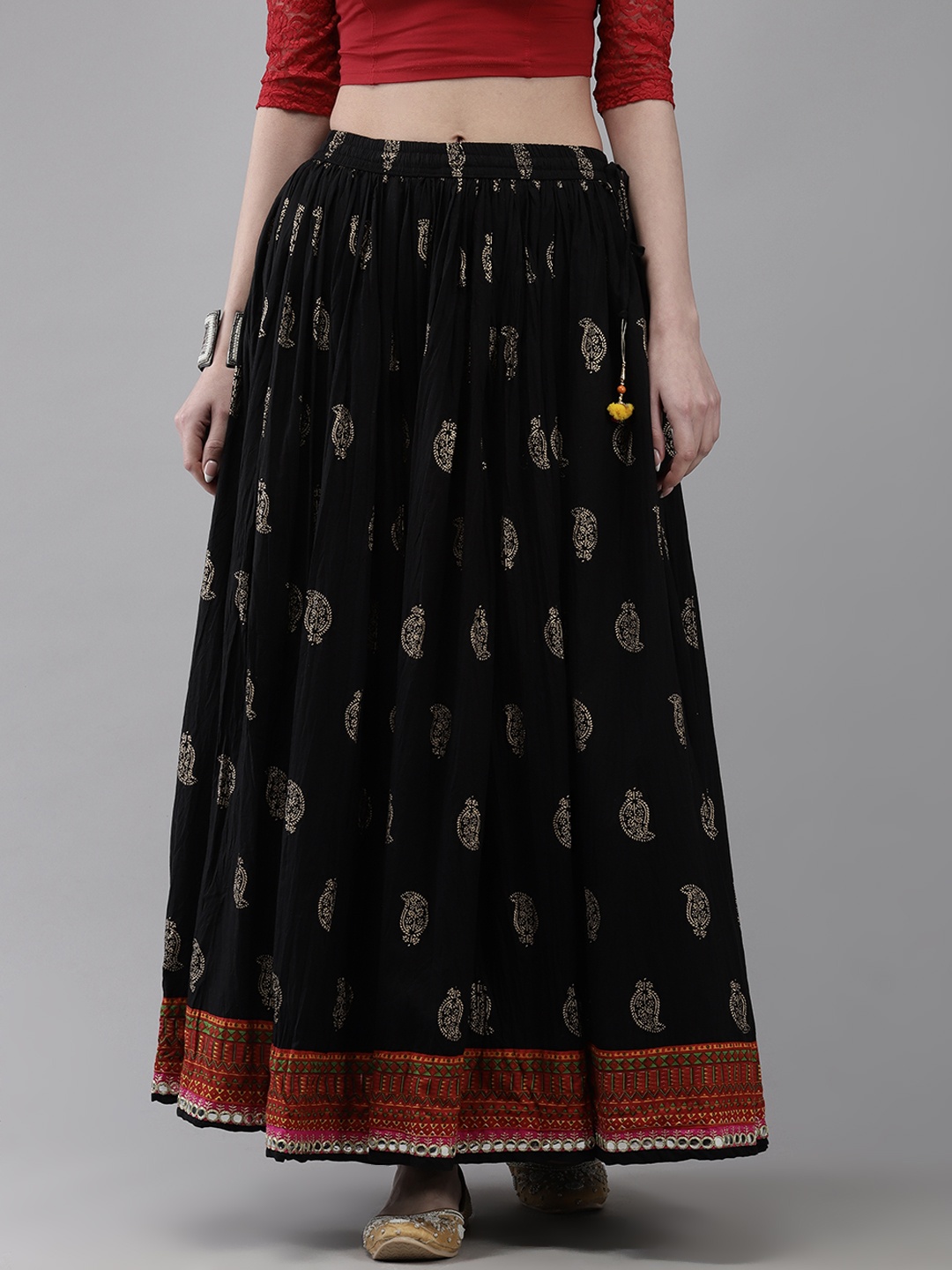 

Ishin Women's Cotton Black Foil Printed With Mirror Embellish Flared Maxi Skirt