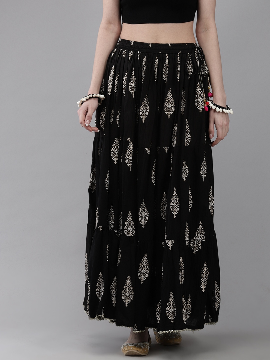

Ishin Women Foil Printed Flared Maxi Skirt, Black
