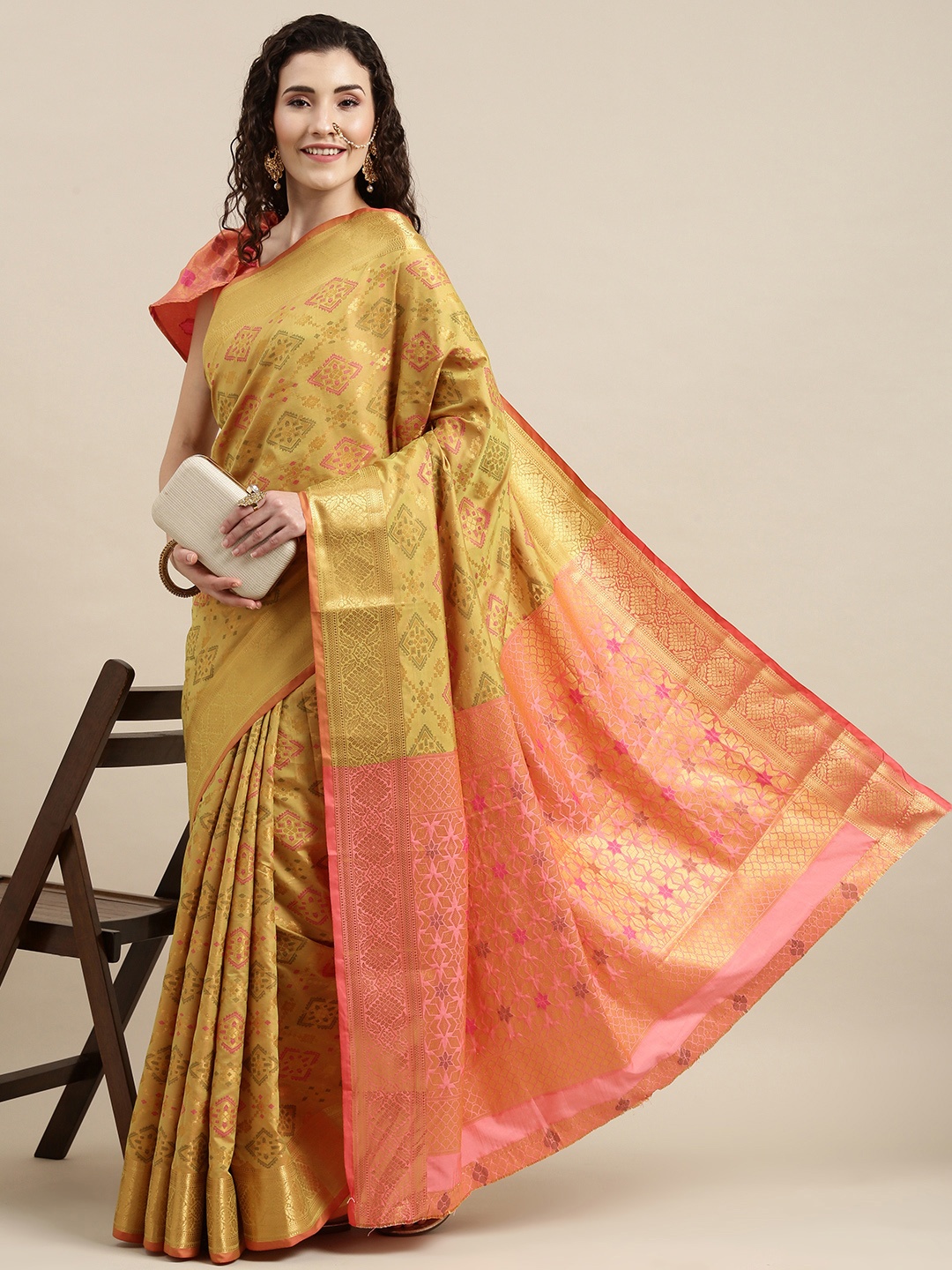 

Mitera Red & Mustard Paisley Banarasi Saree