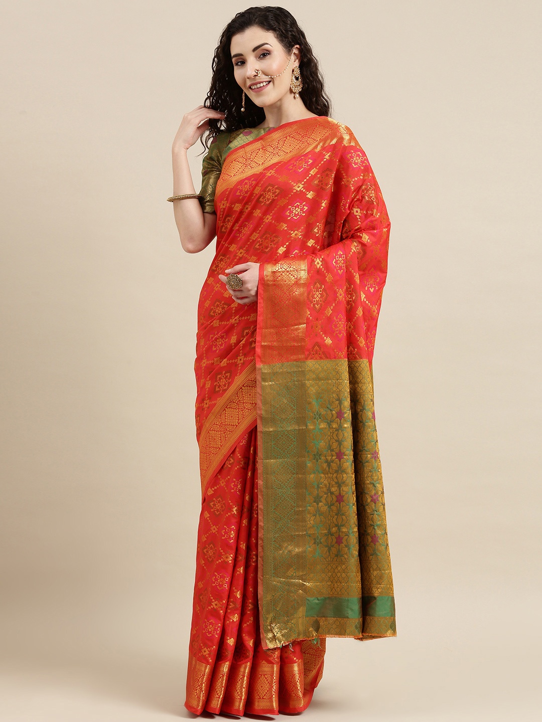 

Mitera Green & Orange Zardozi Banarasi Saree