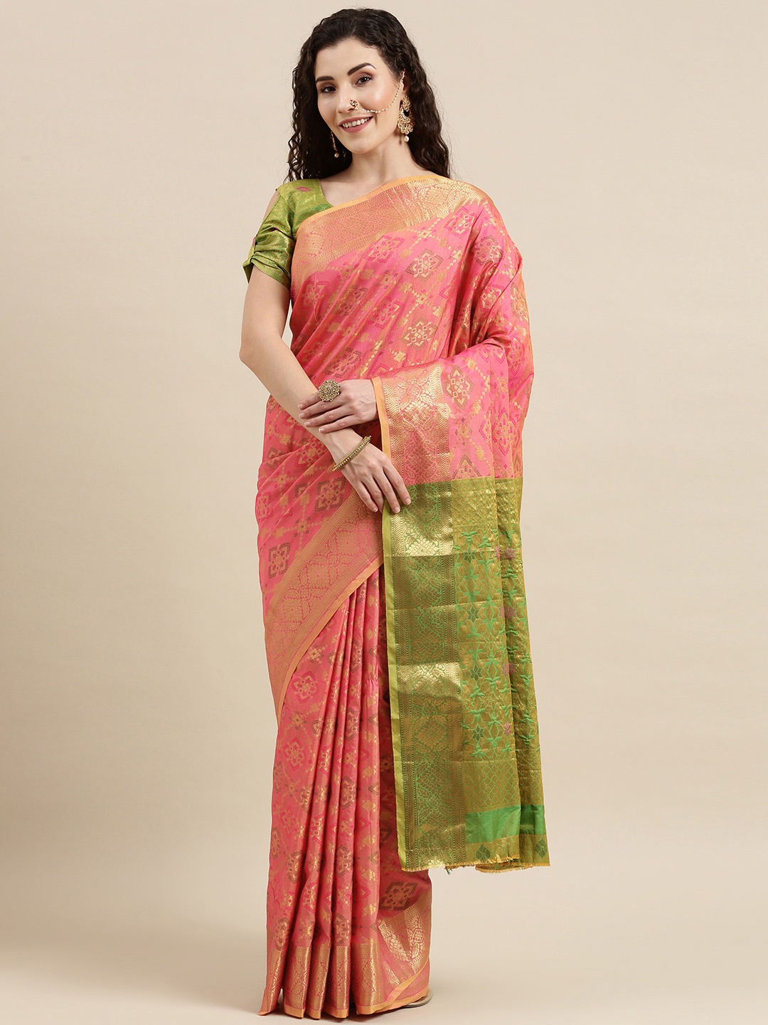 

Mitera Pink Ethnic Motifs Zari Banarasi Saree
