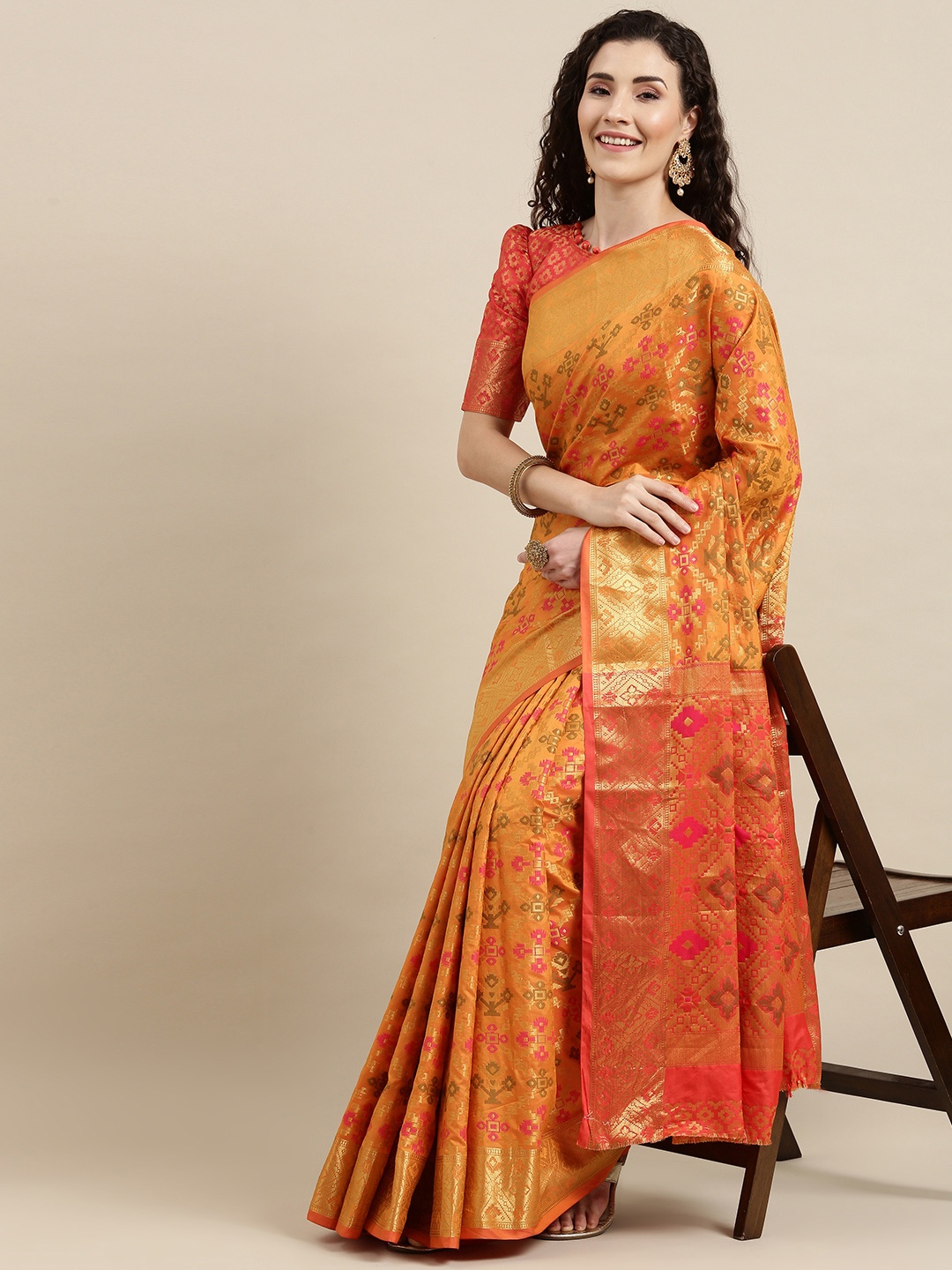 

Mitera Orange & Red Banarasi Saree