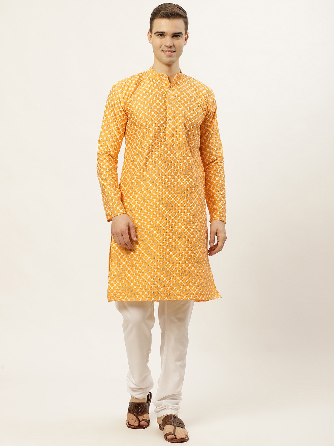 

Jompers Men Mustard Yellow & White Chikankari Embroidered Kurta with Churidar