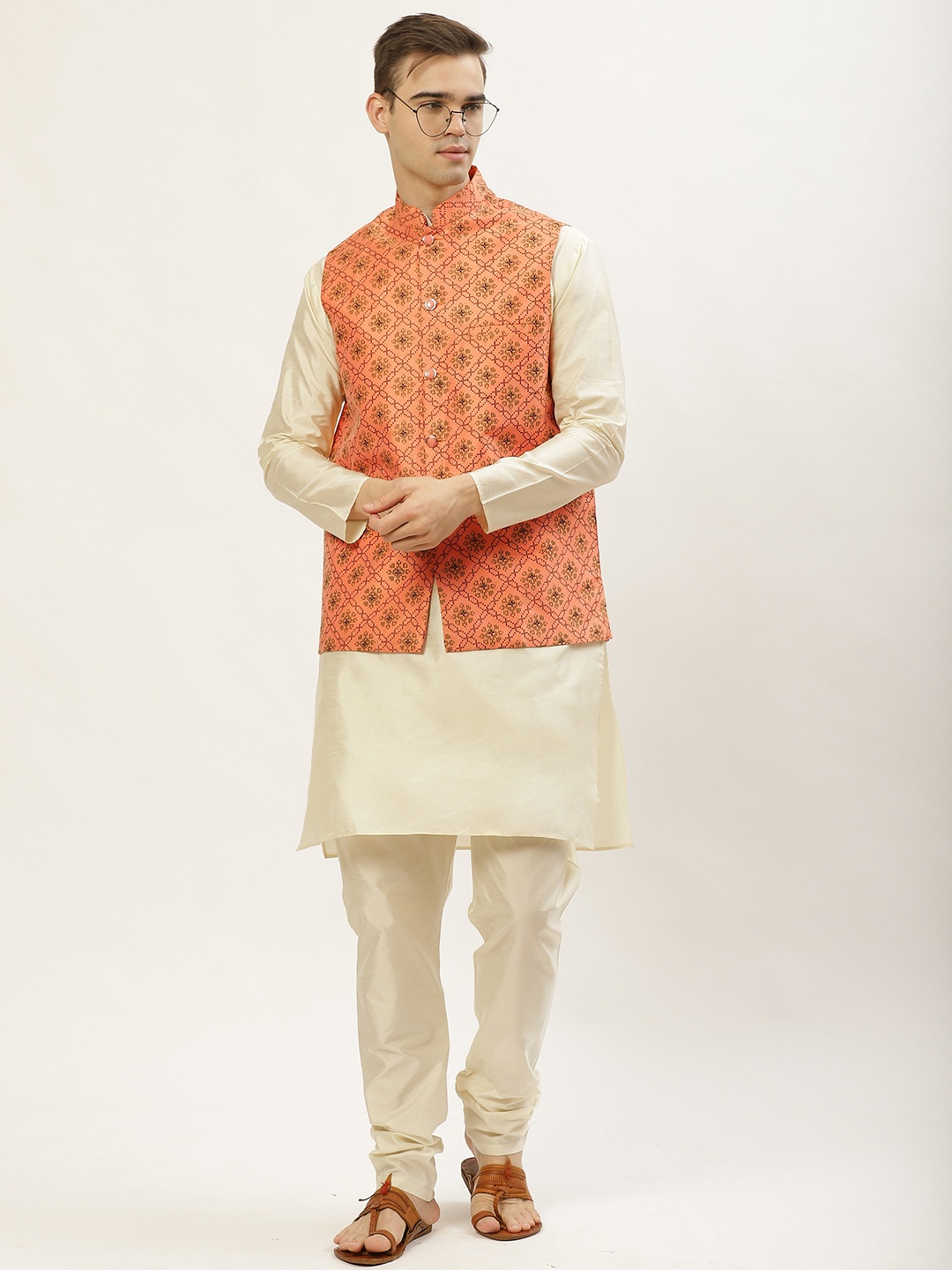 

Jompers Men Off-White & Peach-Coloured Solid Kurta with Churidar & Printed Nehru Jacket