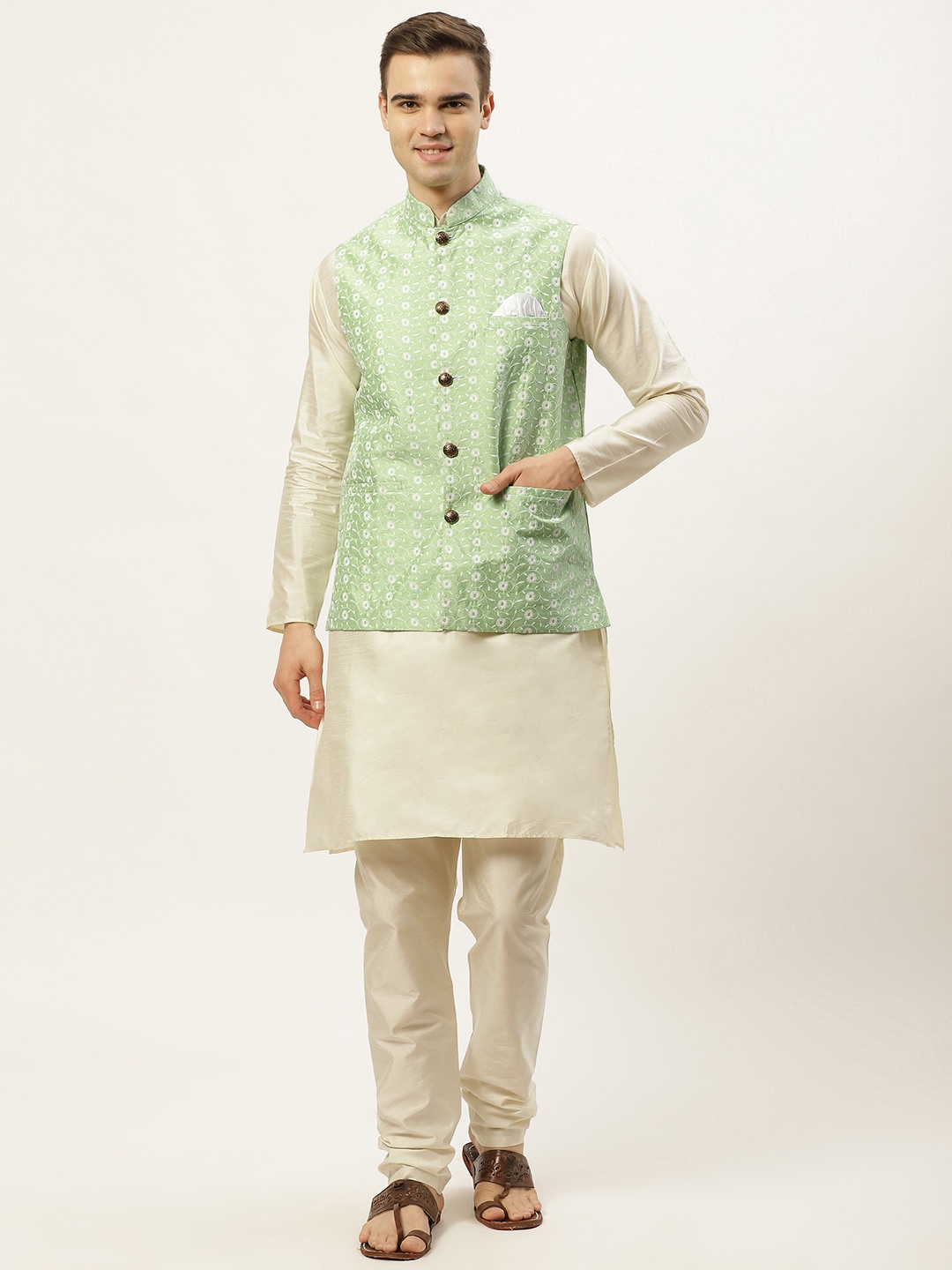 

Jompers Men Off White Kurta with Churidar & Nehru Jacket