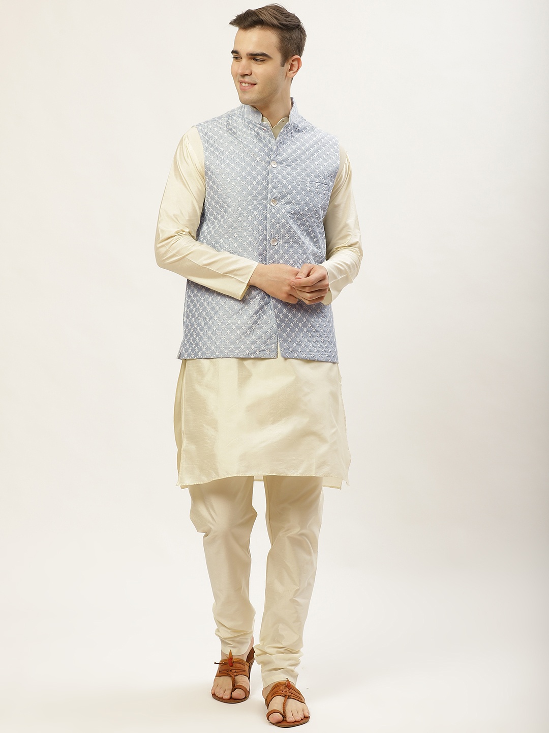 

Jompers Men Off-White & Grey Solid Kurta with Churidar & Embroidered Nehru Jacket