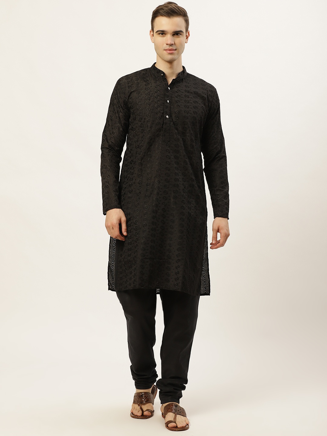 

Jompers Men Black Chikankari Embroidered Pure Cotton Kurta with Churidar