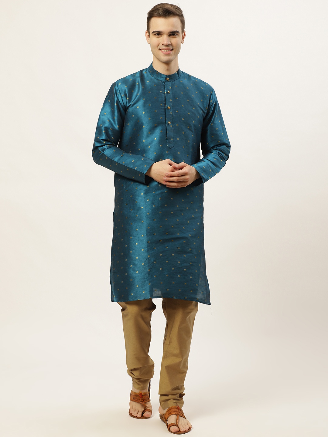 

Jompers Men Teal Green & Golden Woven Design Kurta with Churidar