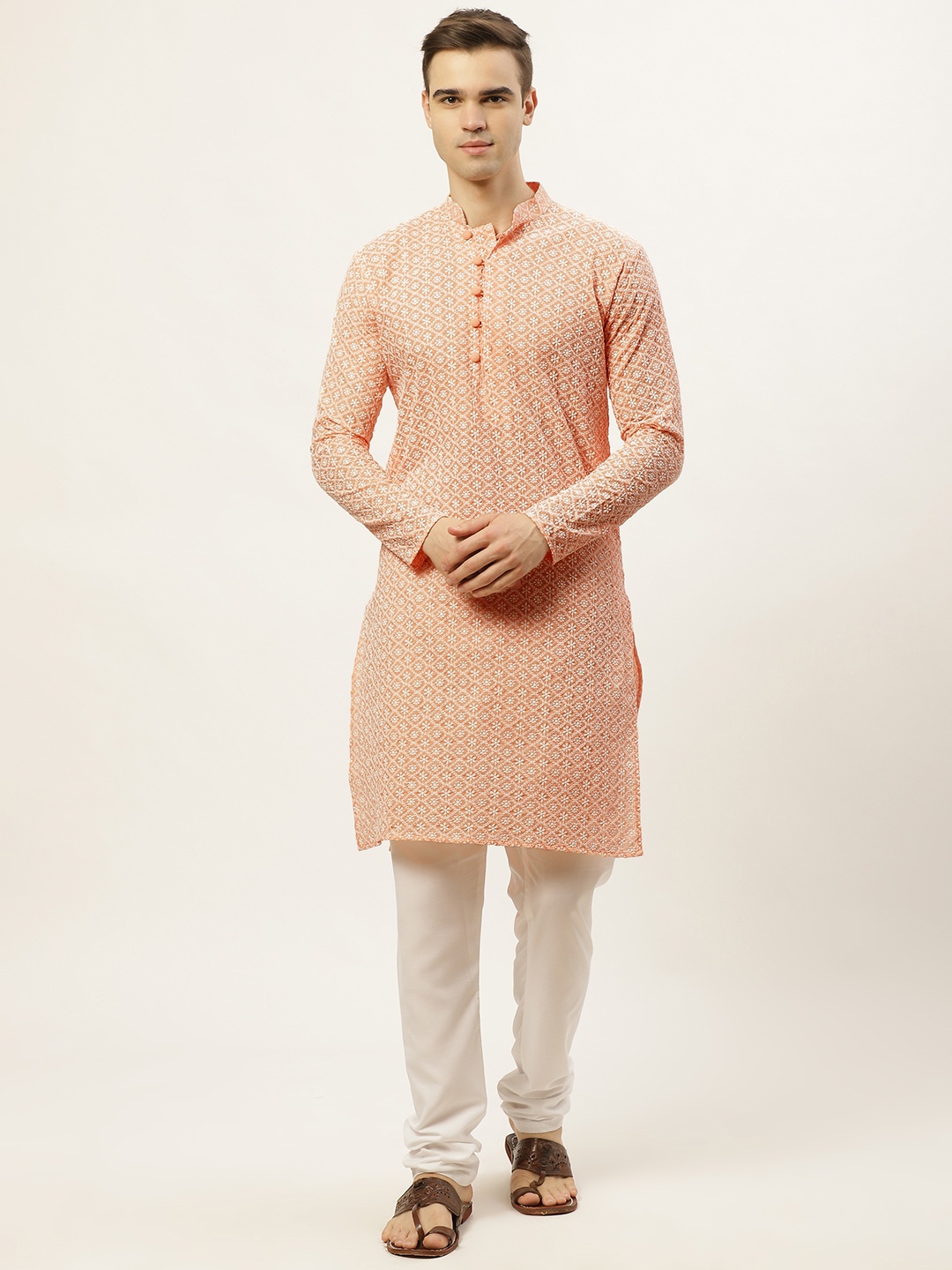 

Jompers Men Peach-Coloured Chikankari Embroidered Pure Cotton Kurta with Churidar