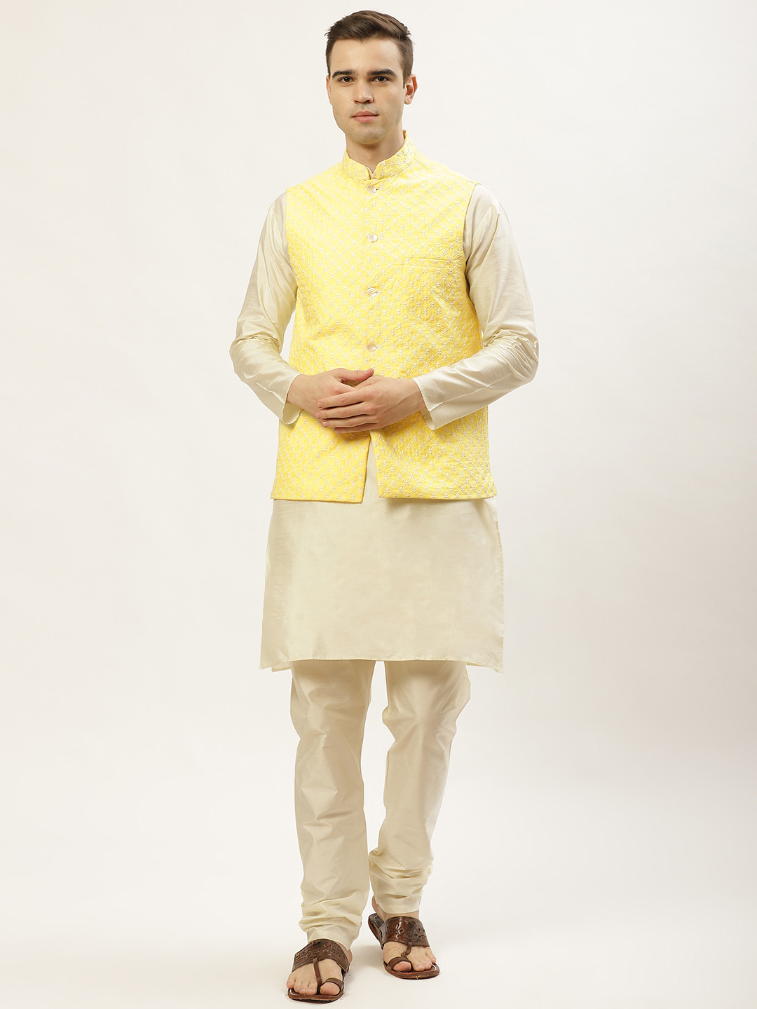 

Jompers Men Off White Kurta with Churidar & Nehru Jacket