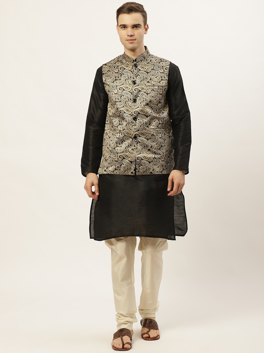 

Jompers Men Black & Beige Solid Kurta with Churidar & Nehru Jacket
