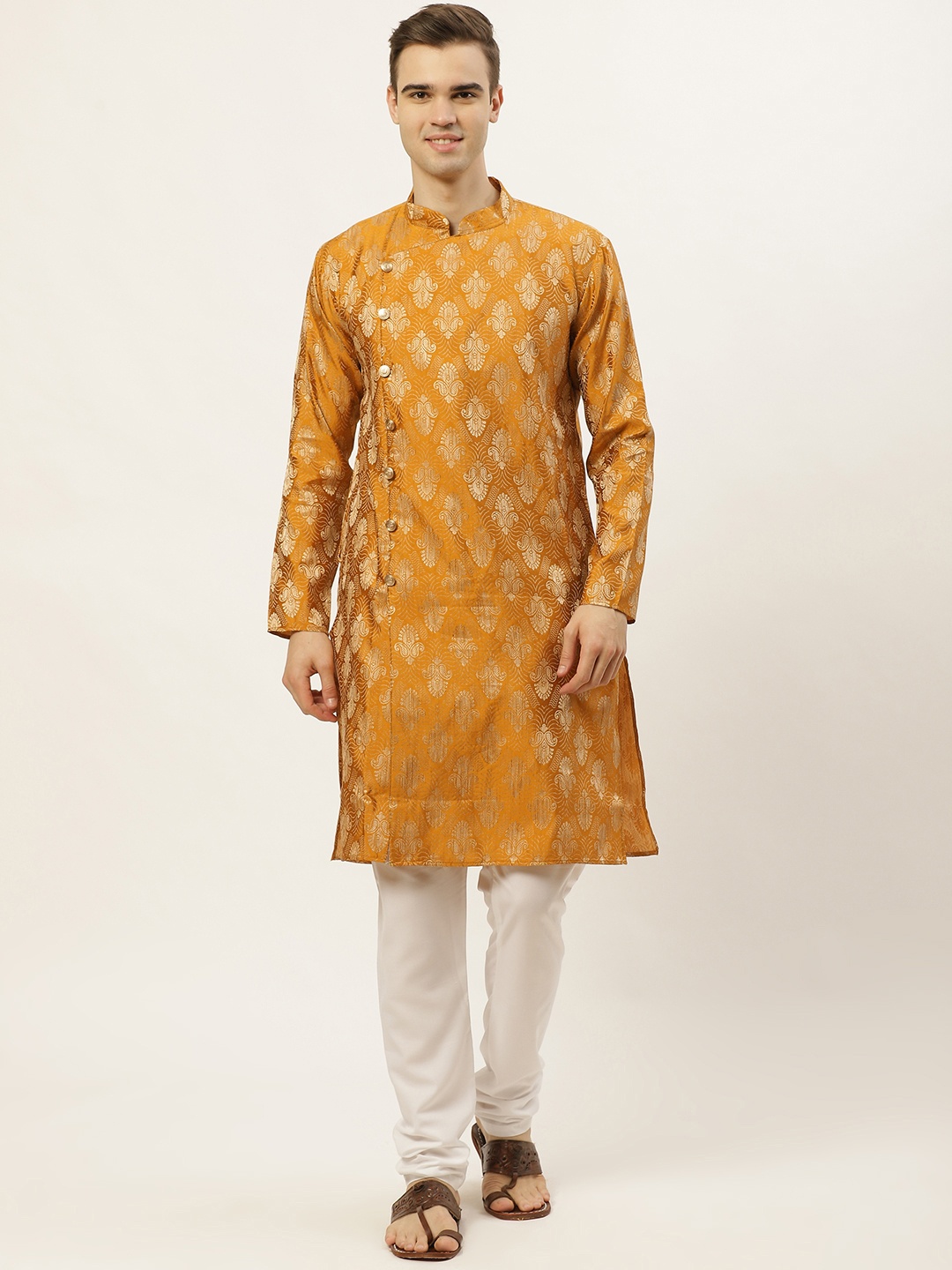 

Jompers Men Mustard Yellow & Golden Ethnic Motifs Woven Design Kurta with Churidar