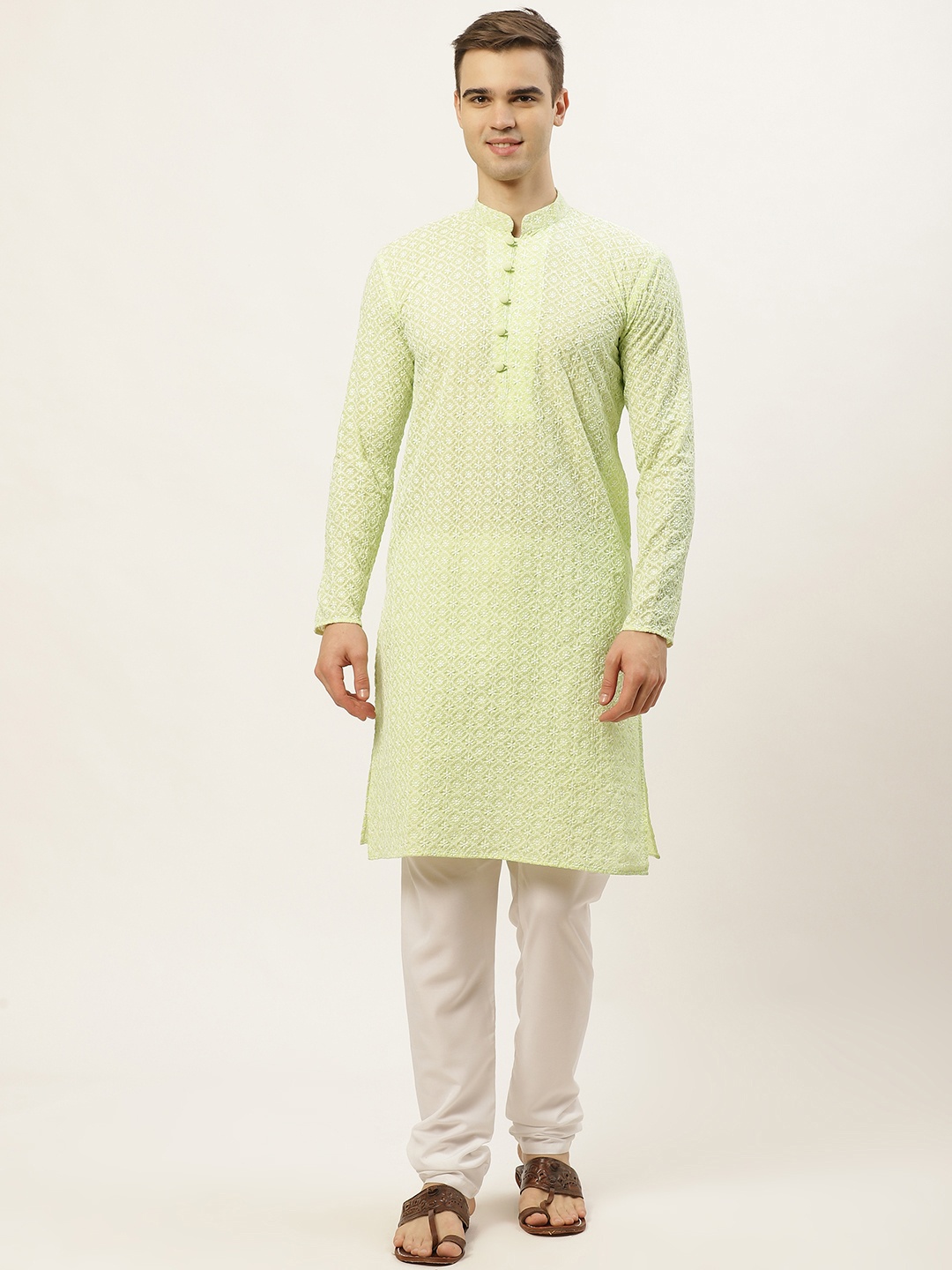 

Jompers Men Lime Green Chikankari Embroidered Pure Cotton Kurta with Churidar