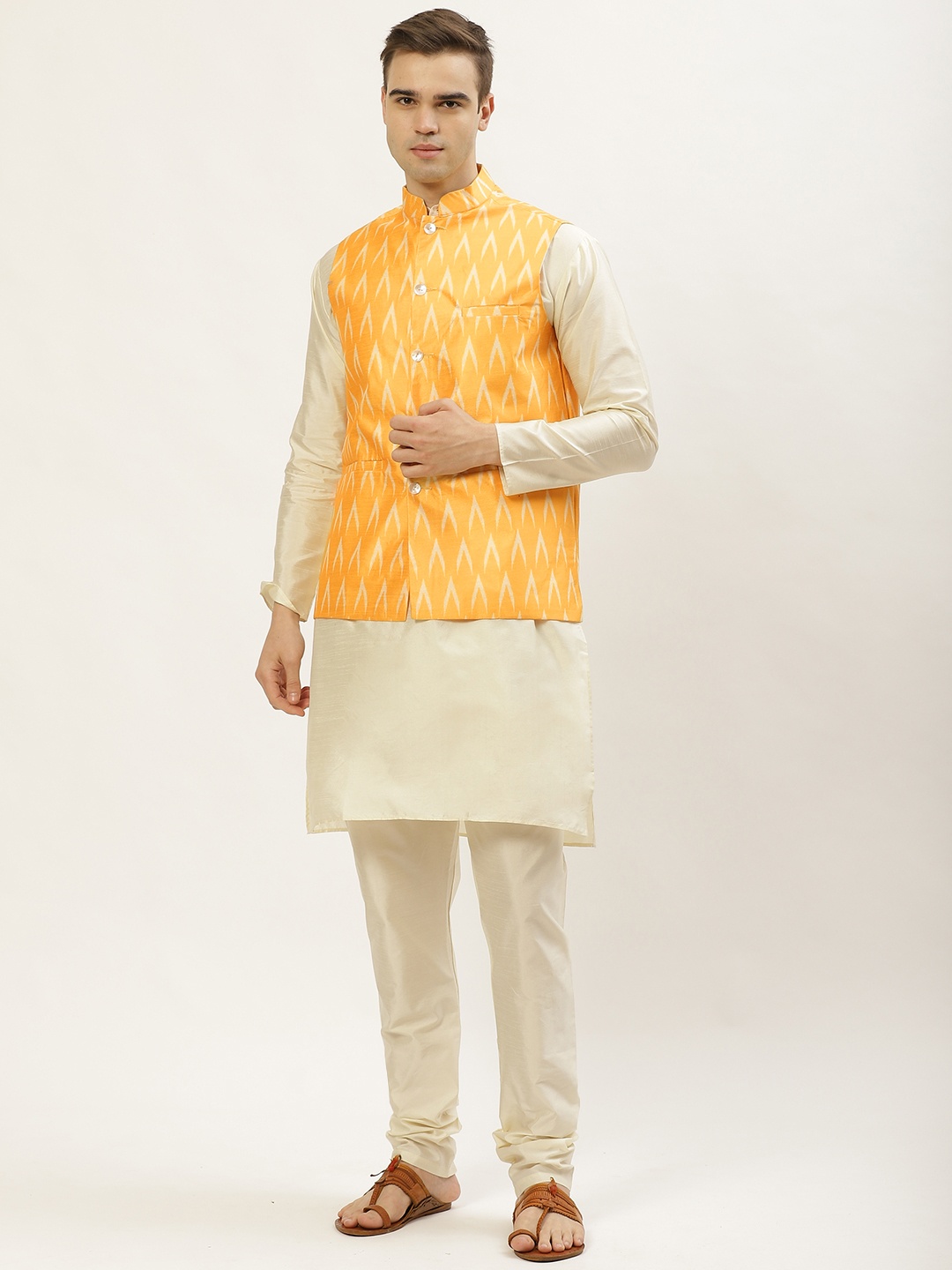 

Jompers Men Mustard Yellow Printed Dupion Silk Kurta with Churidar