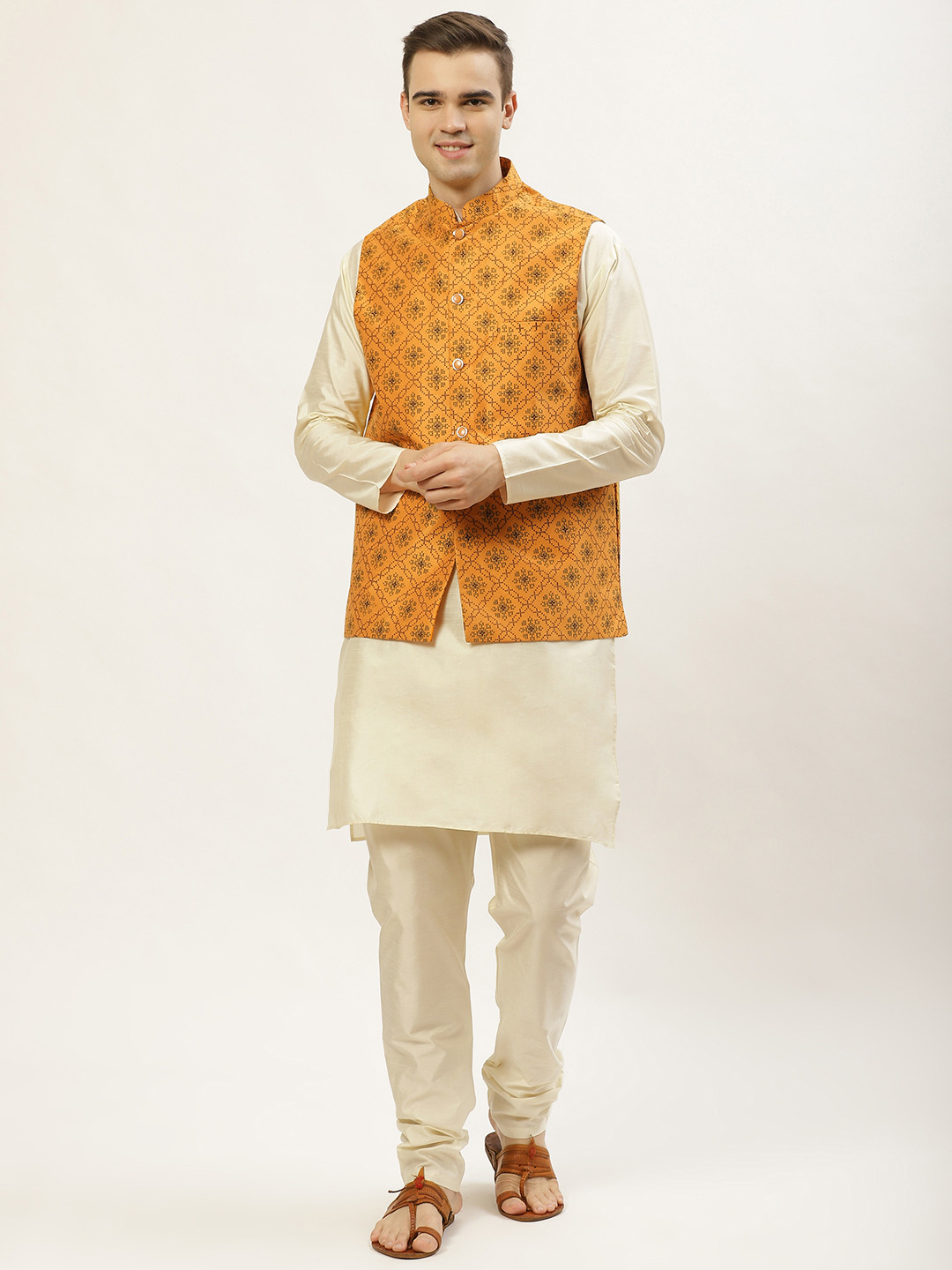 

Jompers Men Off White Kurta with Churidar & Nehru Jacket