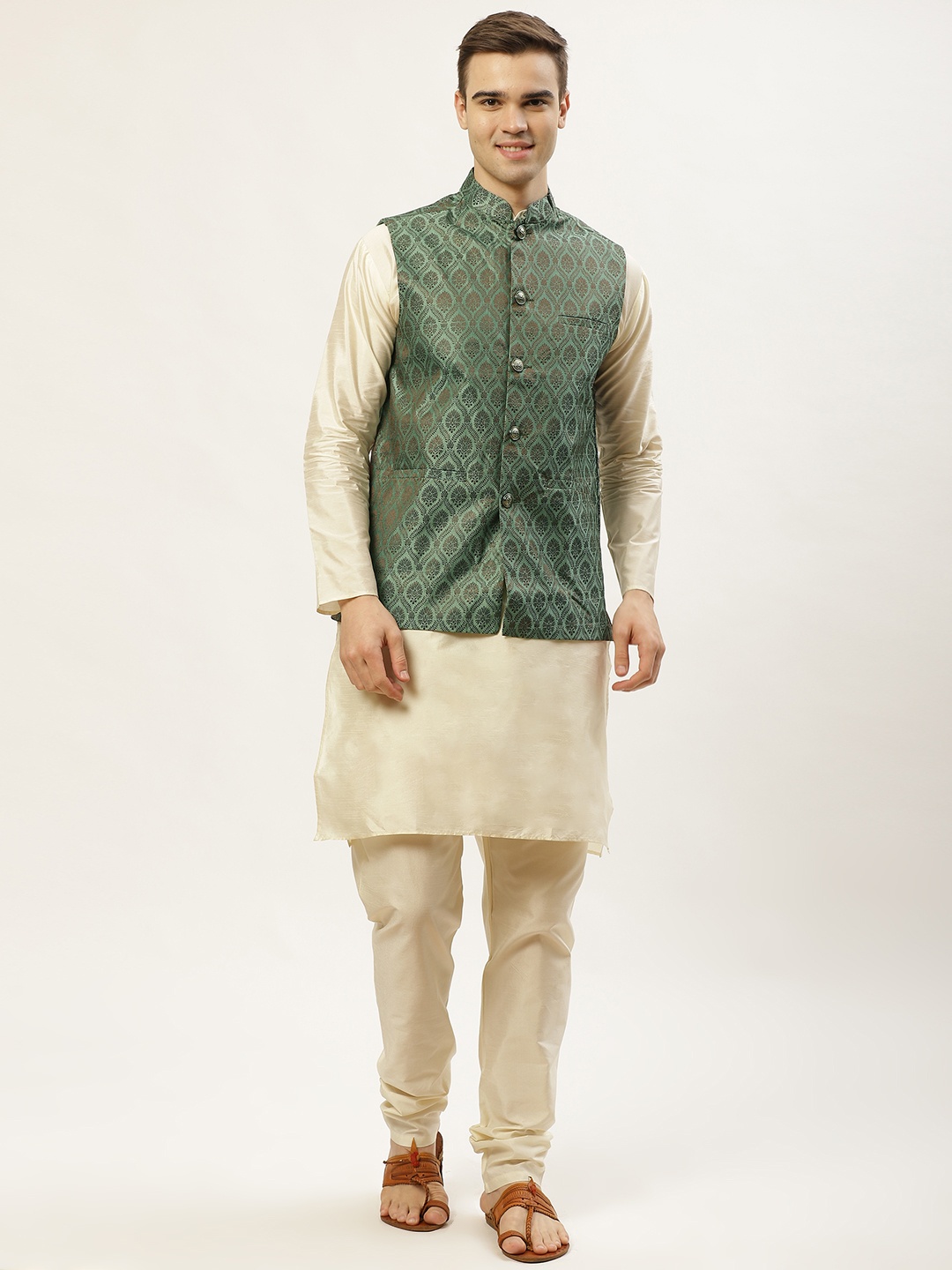 

Jompers Men Off White Kurta with Churidar & Nehru Jacket