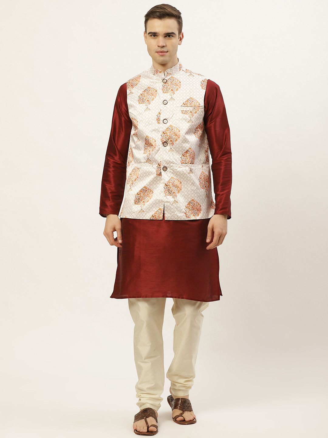 

Jompers Men Off White Ethnic Motifs Printed Dupion Silk Kurta with Churidar